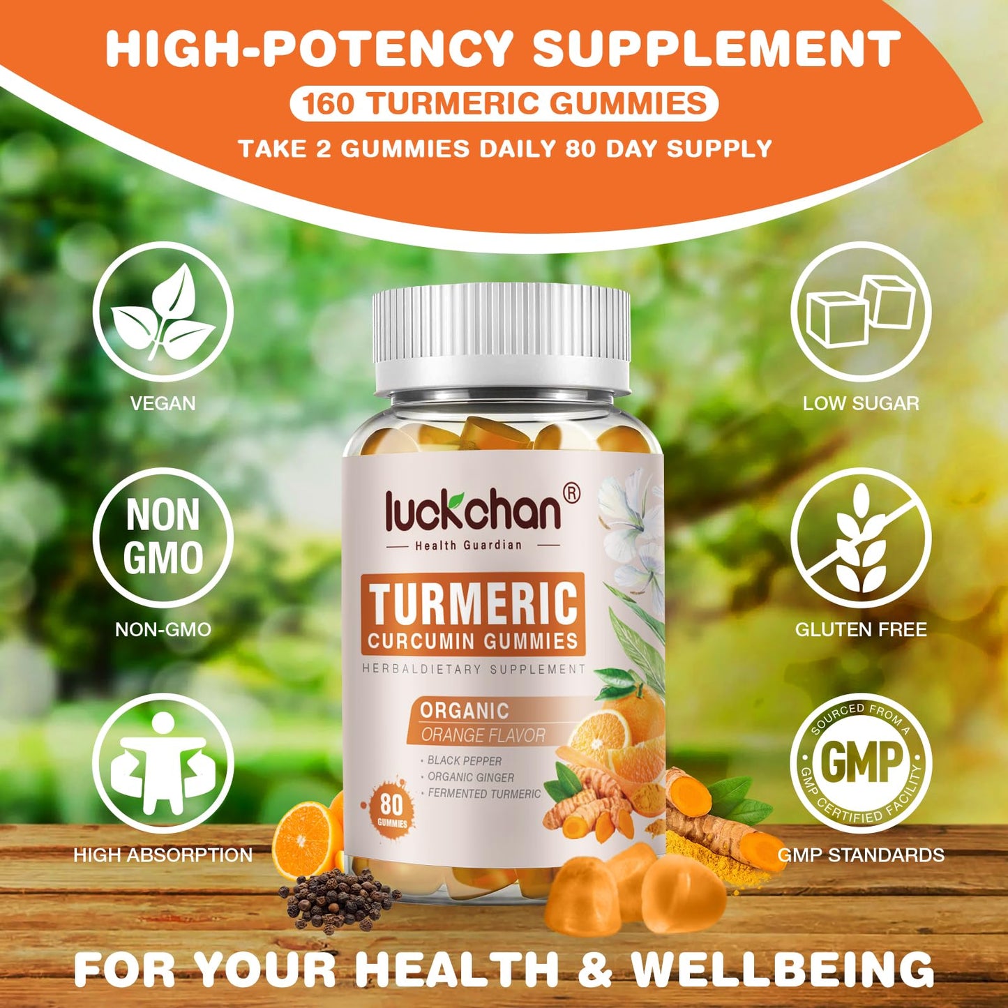 LUCKCHAN Turmeric and Ginger Gummies 160 Count