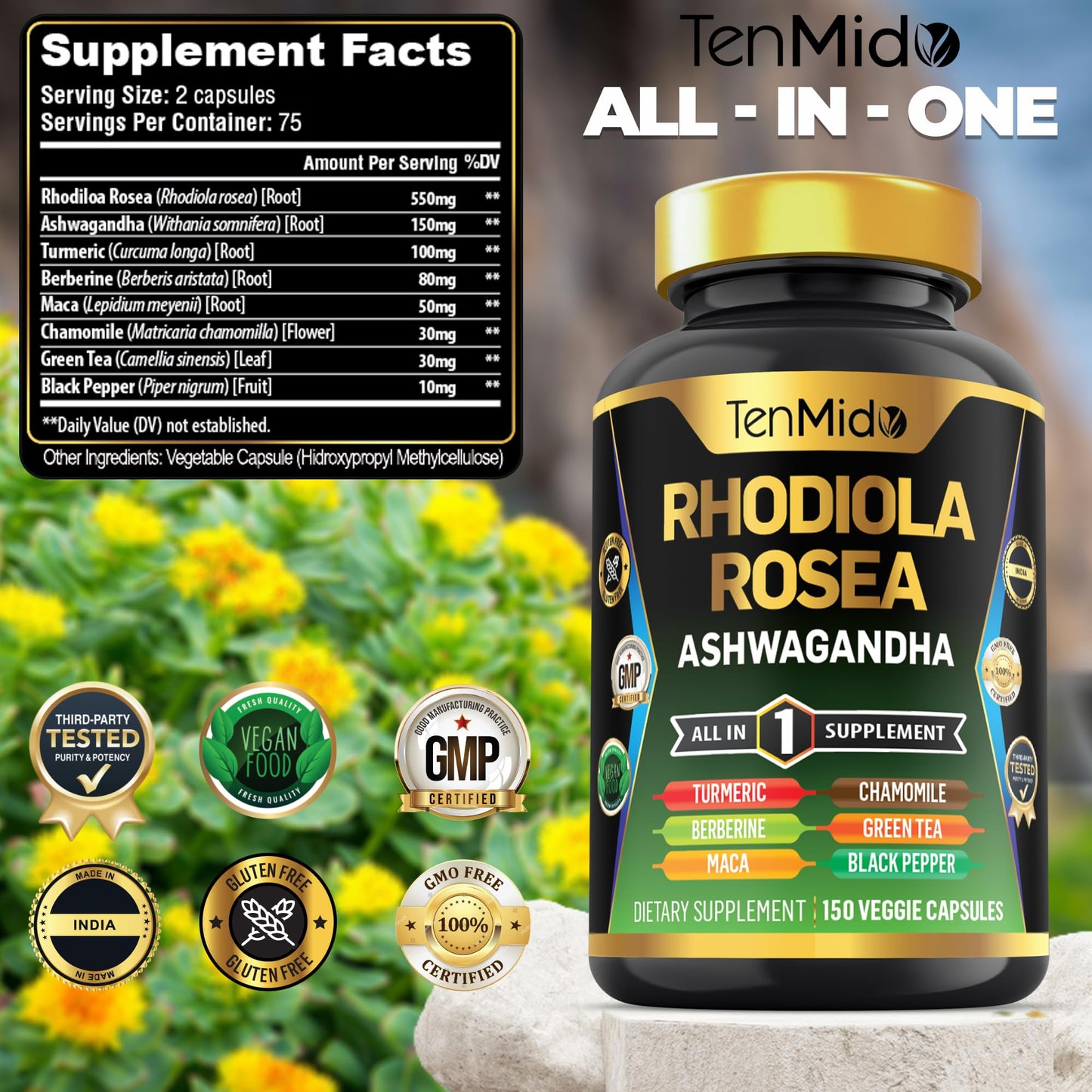 Tenmido Rhodiola Rosea Supplement Capsules, 150 Vegan Capsules