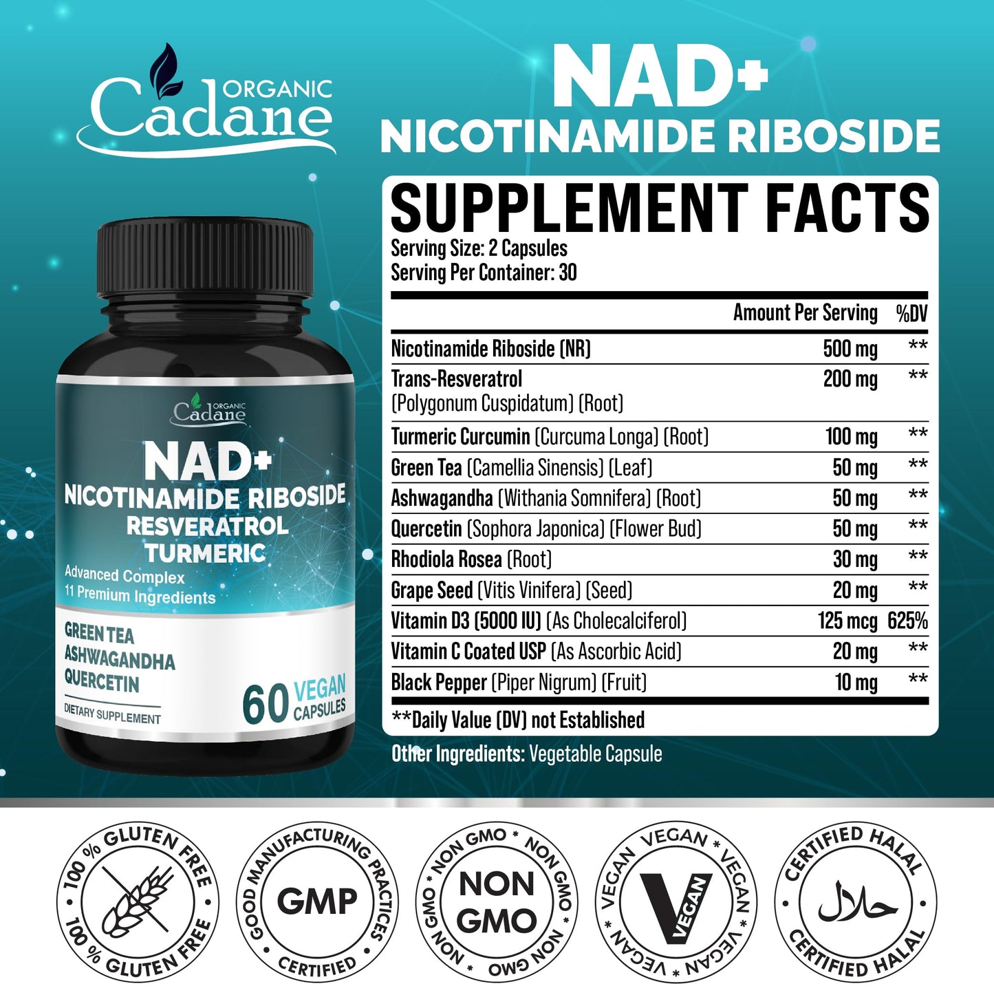 Organic Cadane 11-in-1 Nicotinamide Riboside Supplement with Trans-Resveratrol, Turmeric Curcumin & 8 More Capsules, 60 Count