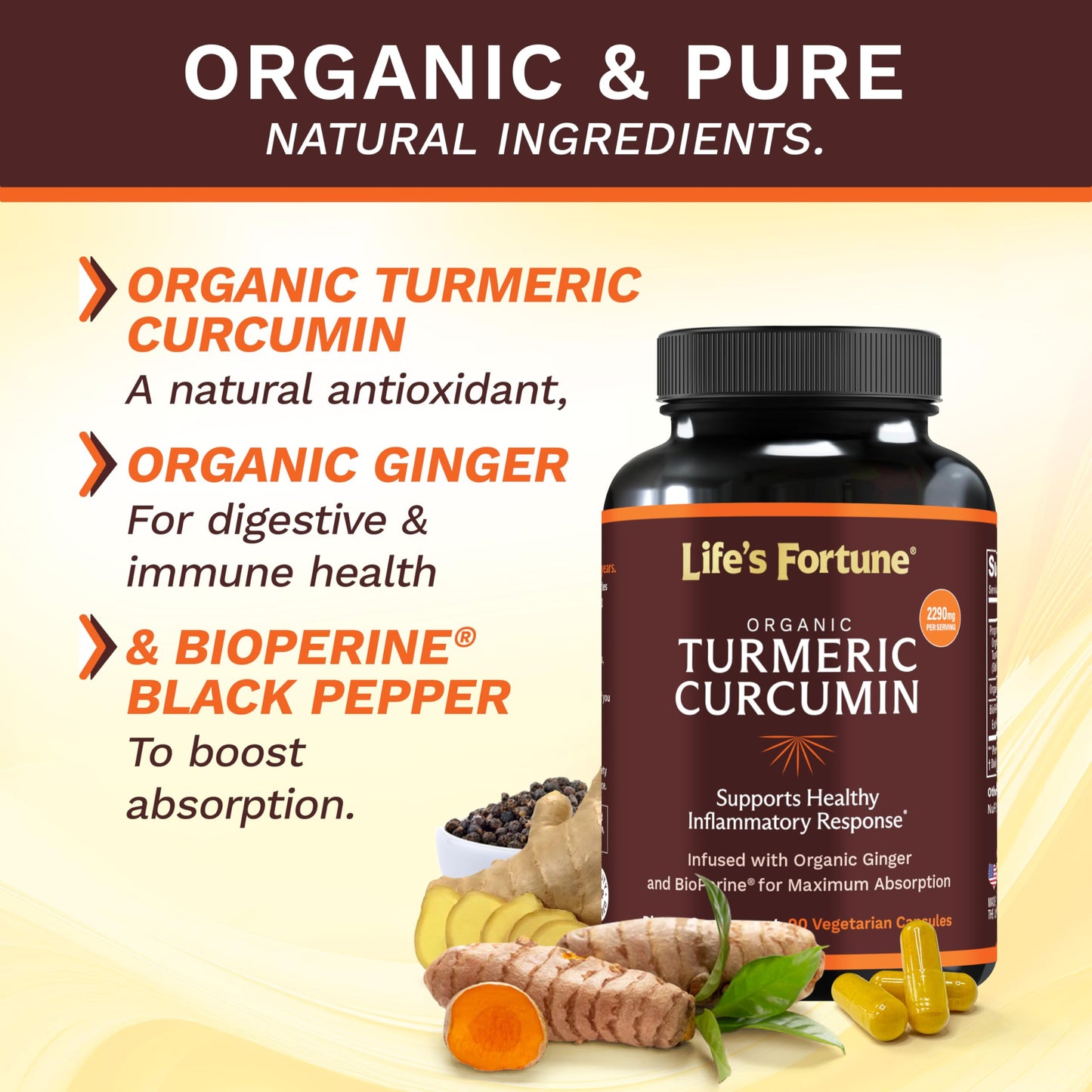 Life's Fortune Organic Turmeric Curcumin with Black Pepper and Ginger Capsule, 90 Count