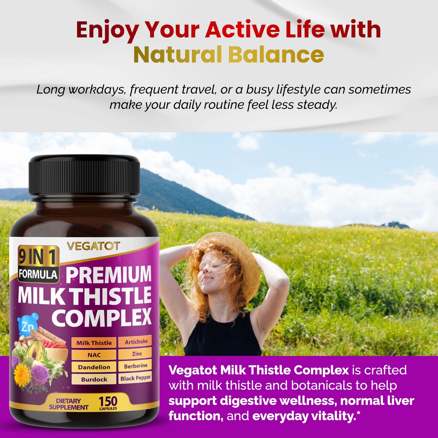 VEGATOT Organic Milk Thistle Complex 9 in 1 Formula Capsules, 150 Count