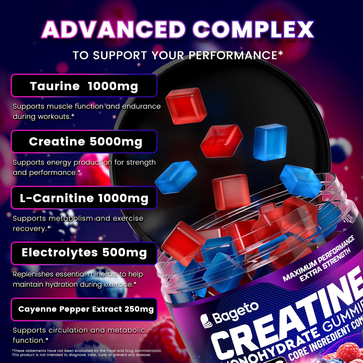 Bageto Creatine Gummies Complex + L-Carnitine + Taurine + Electrolytes, 120 Count