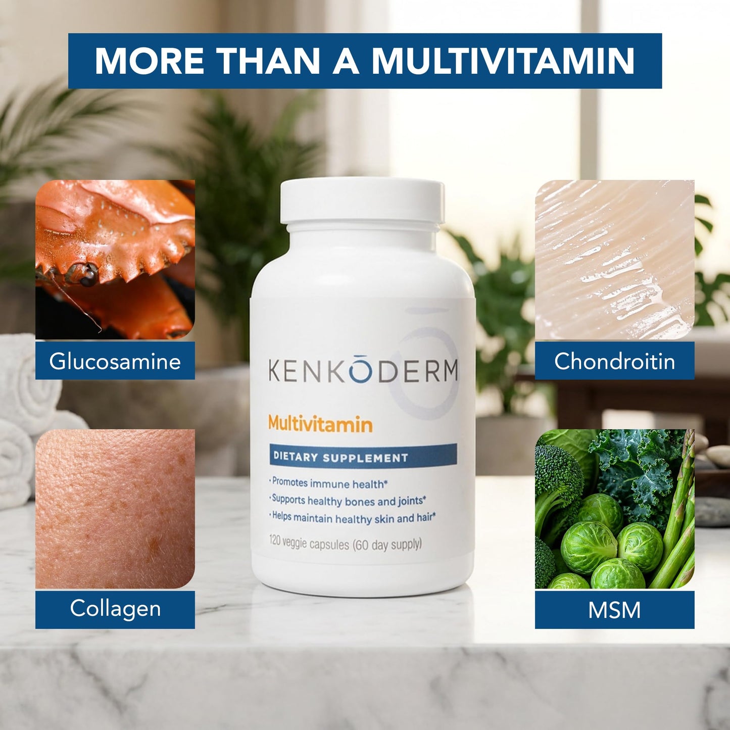Kenkoderm Multivitamin for Immune and Skin - Vitamins A, D, Folate, Collagen, MSM & Glucosamine, 120 Veggie Capsules