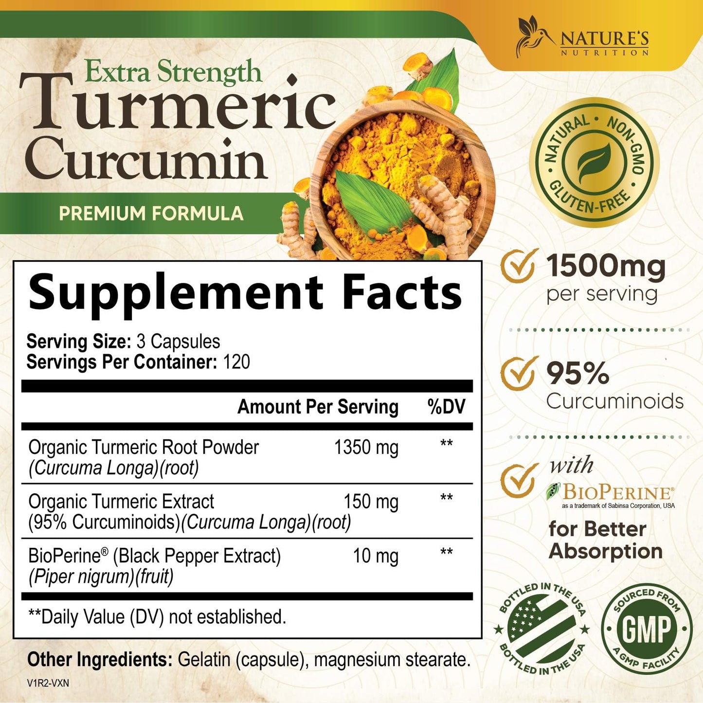 Nature's Nutrition Turmeric Curcumin Supplement 1500mg Capsules, 360 Count