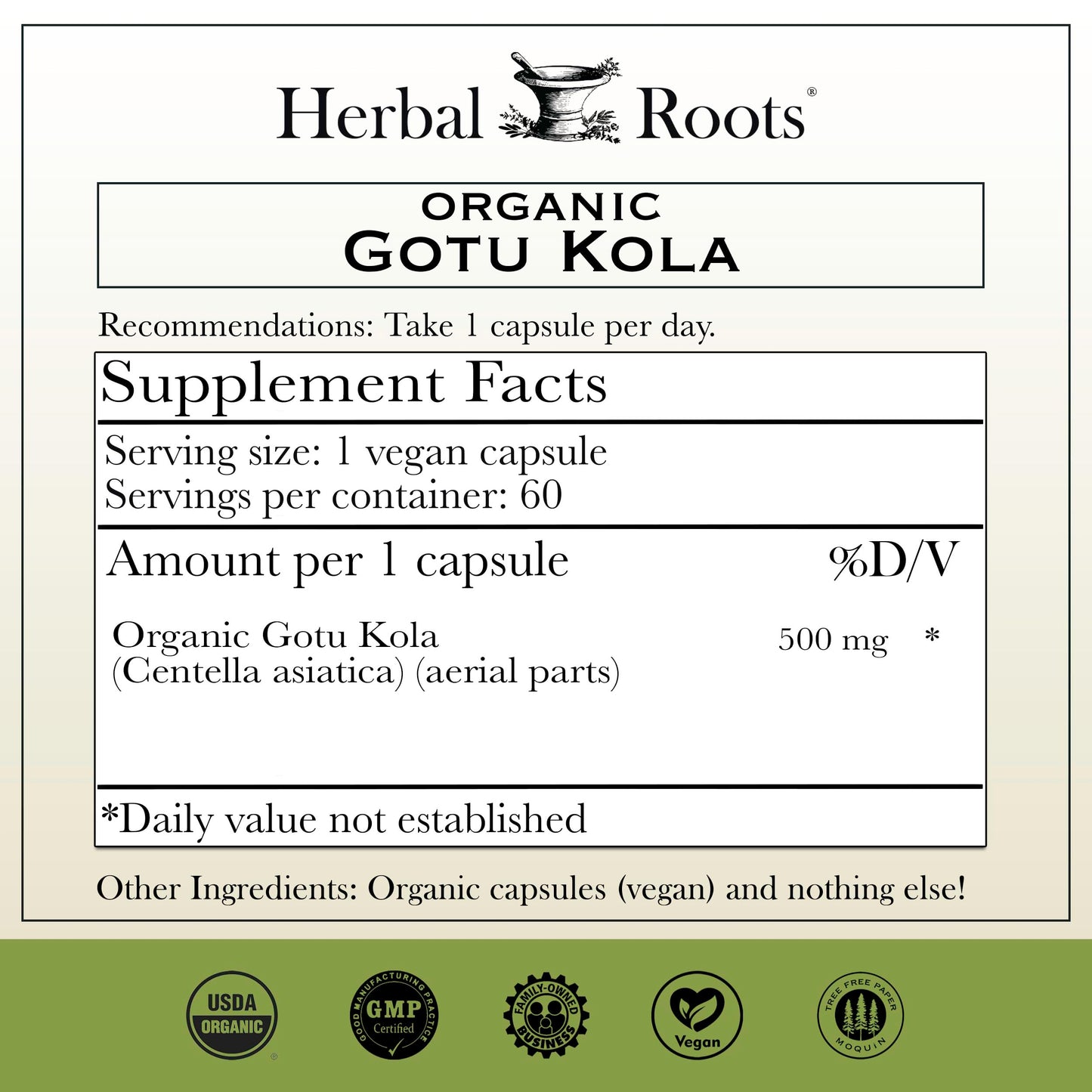 Herbal Roots Gotu Kola Supplement Capsules 60 Count
