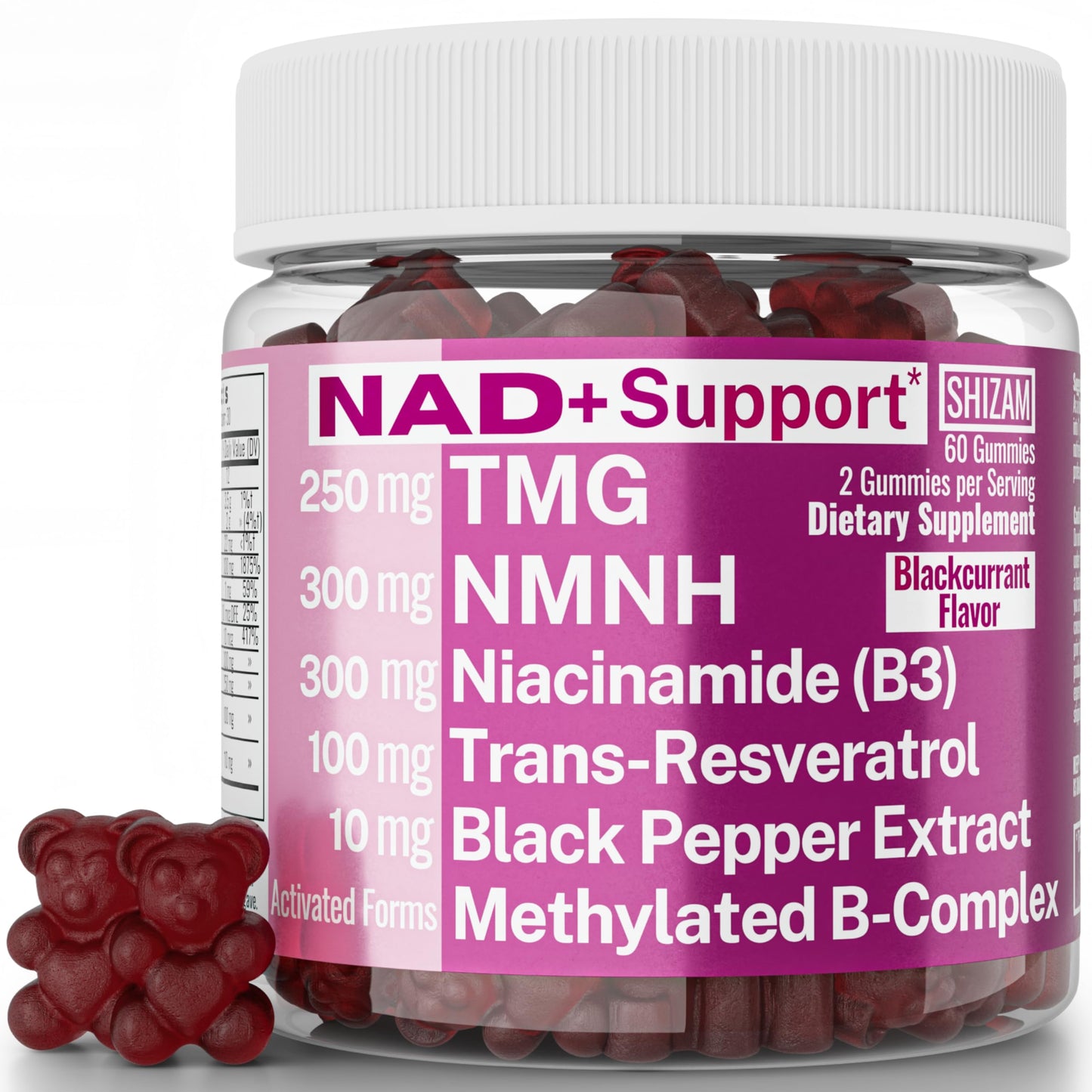 SHIZAM NMN NMNH NAD+ Gummies – NAD Supplement with Reduced Nicotinamide Mononucleotide, TMG (Trimethylglycine, Betaine) & Trans-Resveratrol, Methylated B-Complex, 60 Gummies
