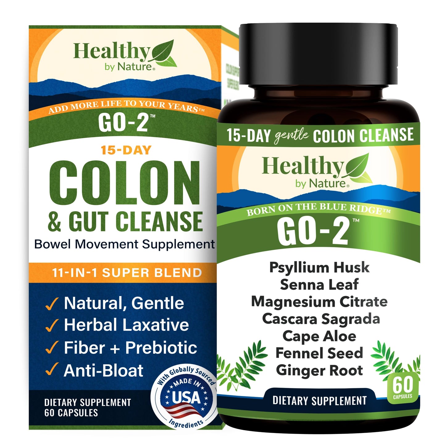 Healthy by Nature Colon Cleanse & 15 Day Gut Cleanse for Women, Men - Gentle Natural Herbal Laxative & Bowel Movement Supplement - Gut Detox Support and Relief of Occasional Constipation, Bloating, 60 Veg Capsules
