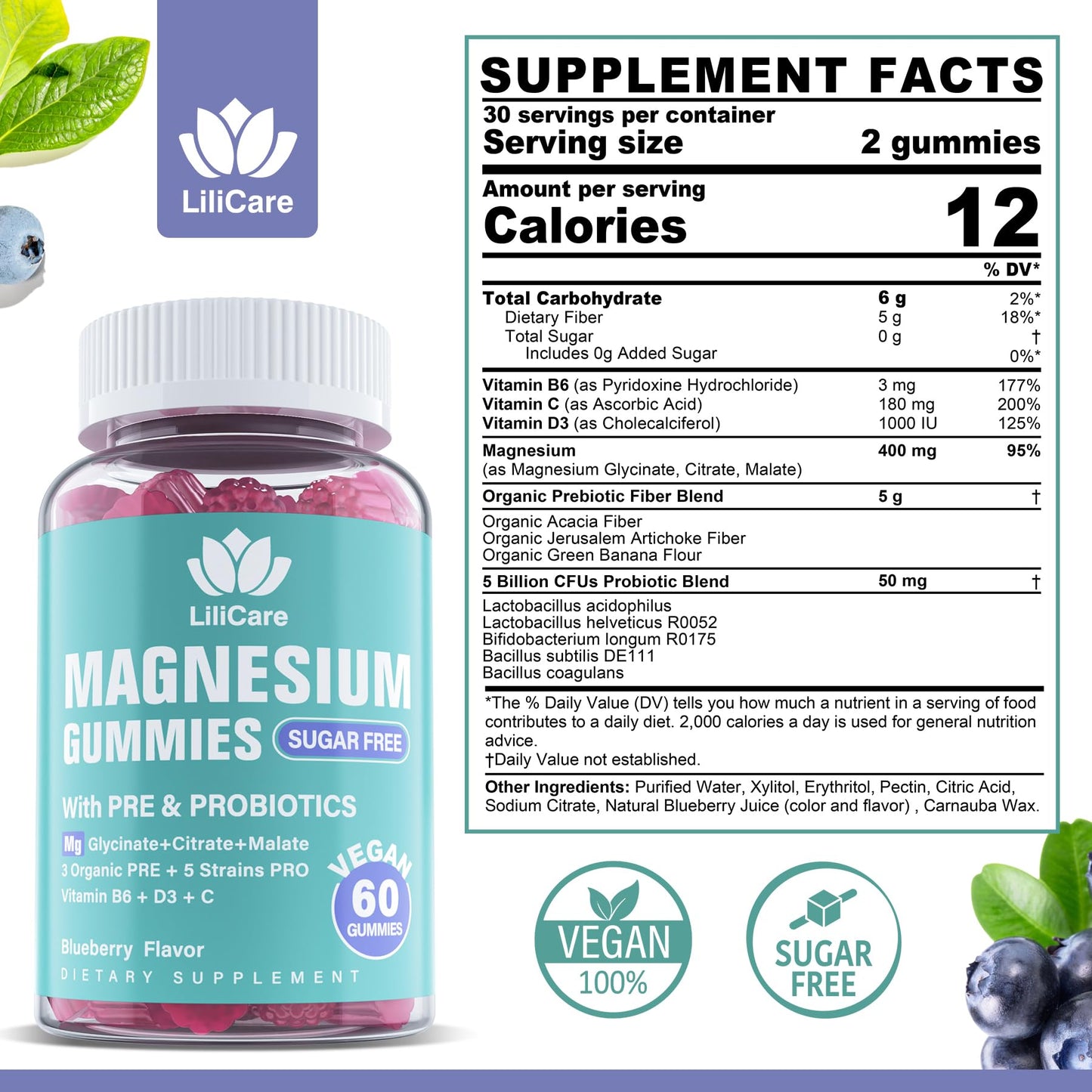 LILICARE Sugar Free Triple Magnesium 400mg Gummies, 180 Count