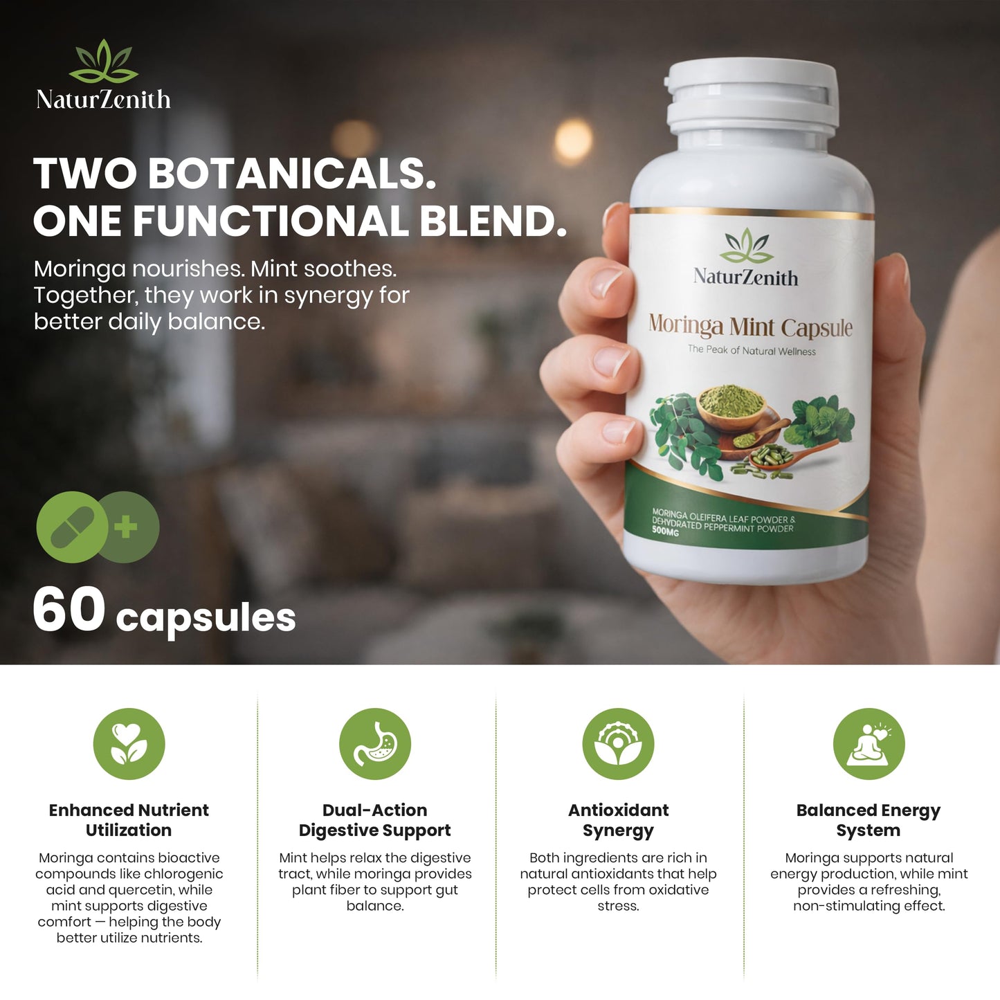 NaturZenith Moringa Mint Capsules 500mg – Moringa Oleifera Leaf Powder with Peppermint – Daily Herbal Supplement for Fresh Routine & Plant-Based Wellness – 60 Capsules
