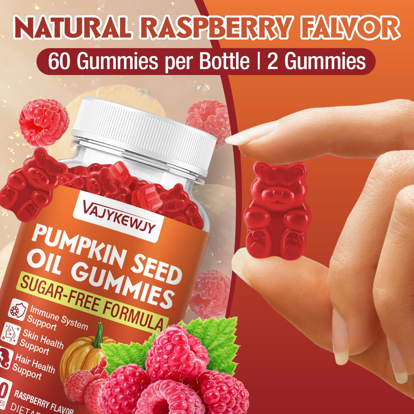 VAJYKEWJY Pumpkin Seed Oil & Saw Palmetto Hair Growth & Skin Health Supplement with High-Purity Extract for Women & Men, Vegan, Raspberry Flavor Gummy 2-pack