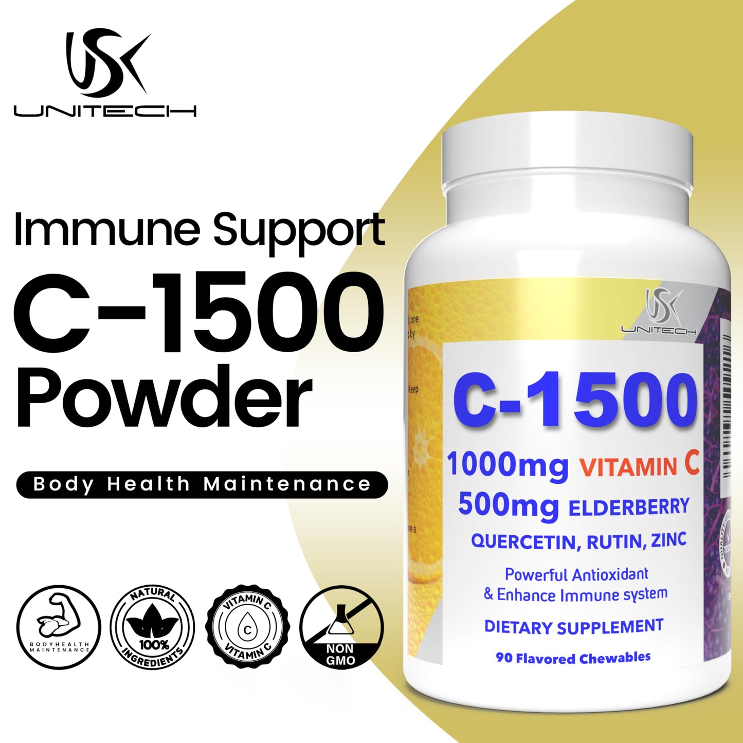 USK C-1500 Vitamin C 1000mg & Elderberry 500mg Immune Support Chewable, 1 Count