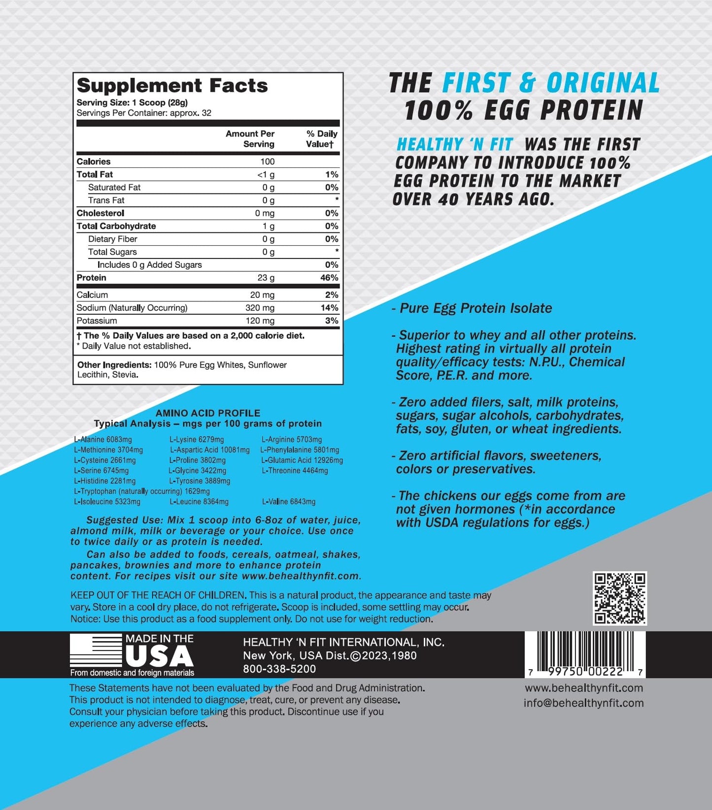 Healthy 'N Fit 100% Egg Protein Powder (unflavored) Natural, 2 lb, 32 Servings