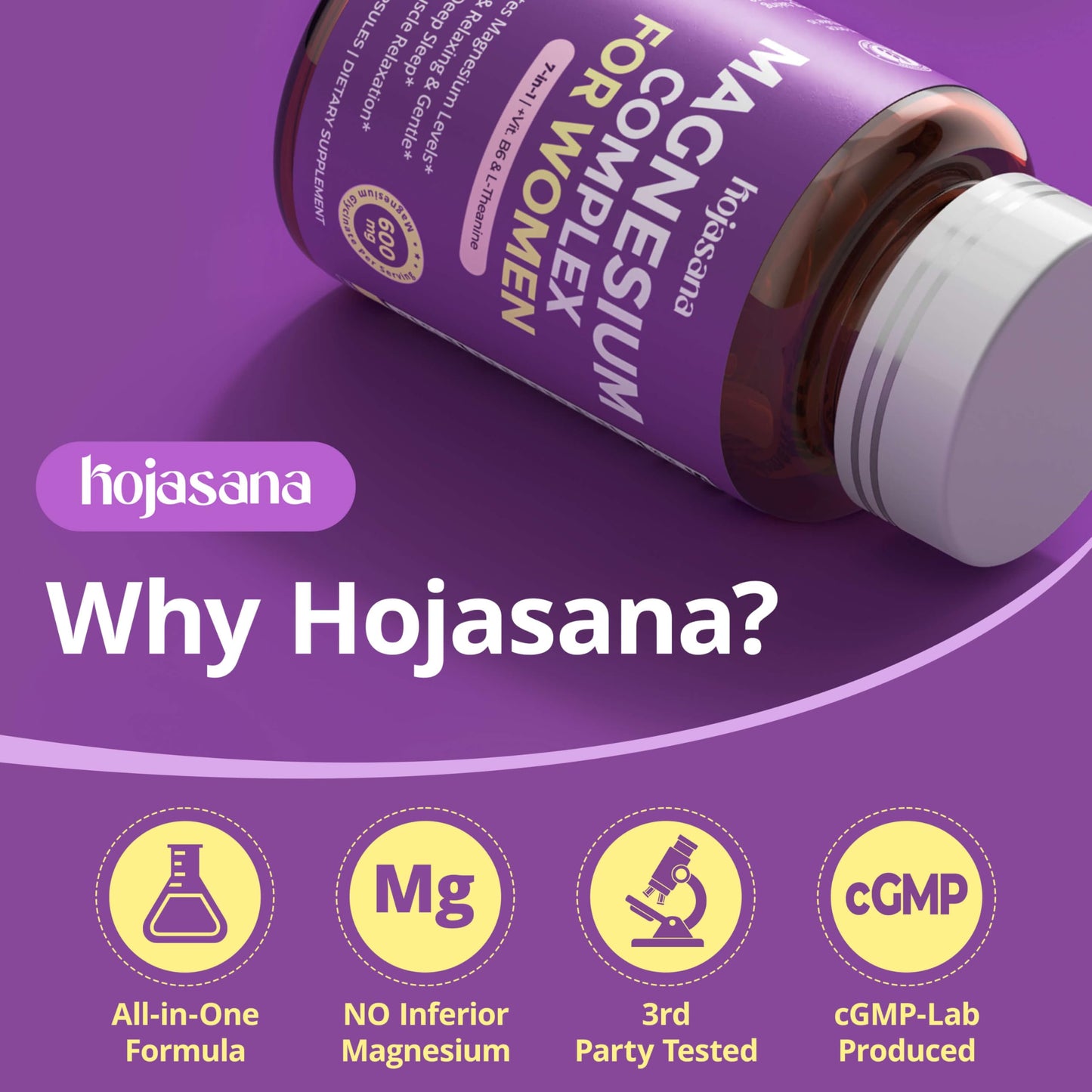 HojaSana Magnesium Complex for Women (Magnesium Glycinate 600mg) with L-Theanine, 60 Capsules