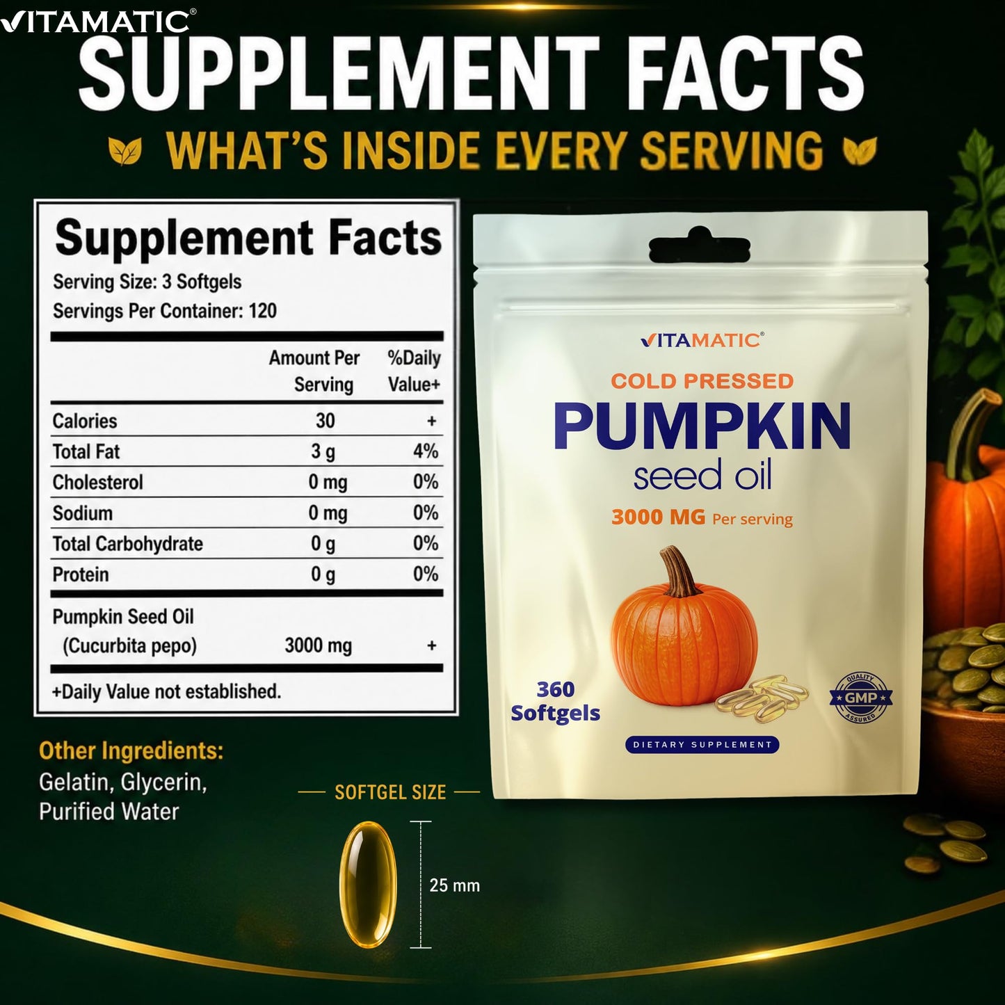 Vitamatic Pumpkin Seed Oil 3000 mg per Serving Softgels, 360 Count