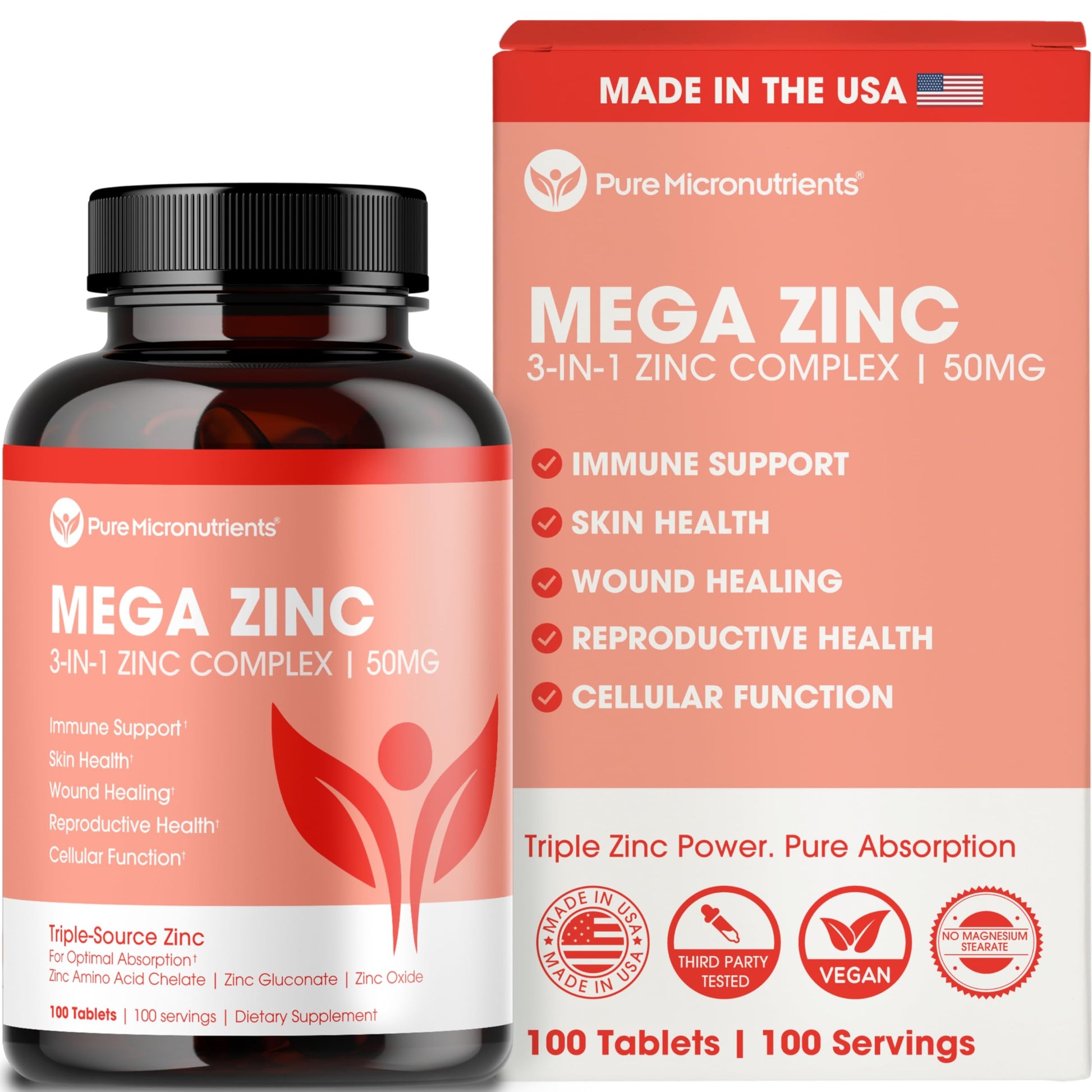 Pure Micronutrients Mega Zinc Supplement 50mg, 3-in-1 Zinc Complex Tablet, 100 Tablets