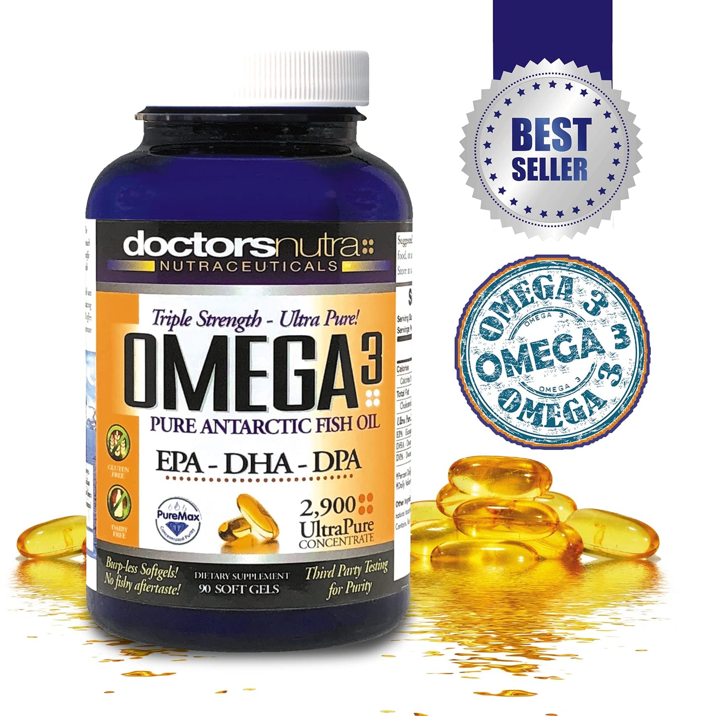 Doctors Nutra Nutraceuticals Omega 3 DPA Fish Oil 2,900 Milligrams Triple Strength Ultra Pure Concentrated, EPA-DPA-DHA Softgels 90 Count