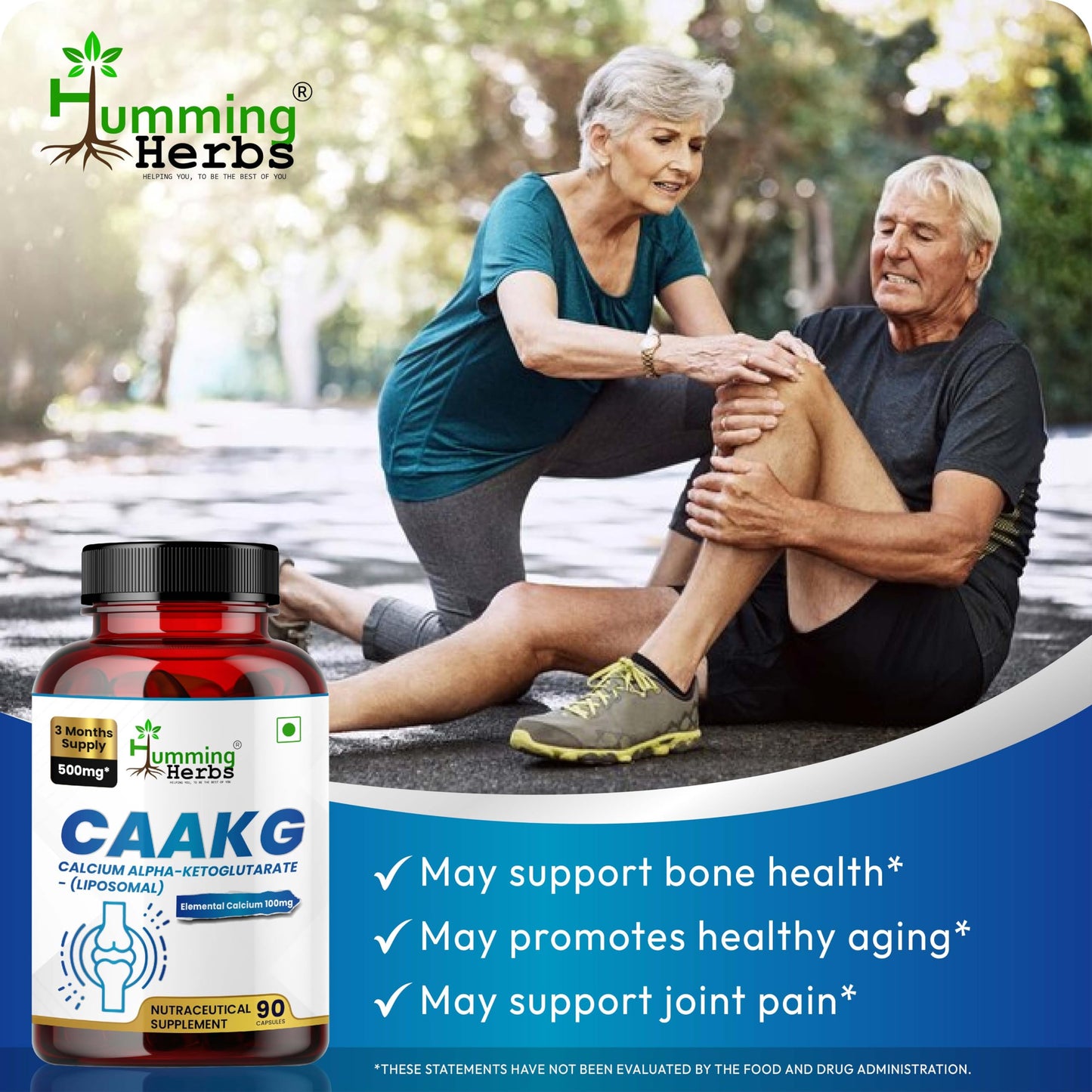 Humming Herbs Calcium Alpha-Ketoglutarate Supplement (CAAKG) 500 mg – Provides 100 mg Elemental Calcium – Non-GMO – Vegan Capsules, 90 Capsules