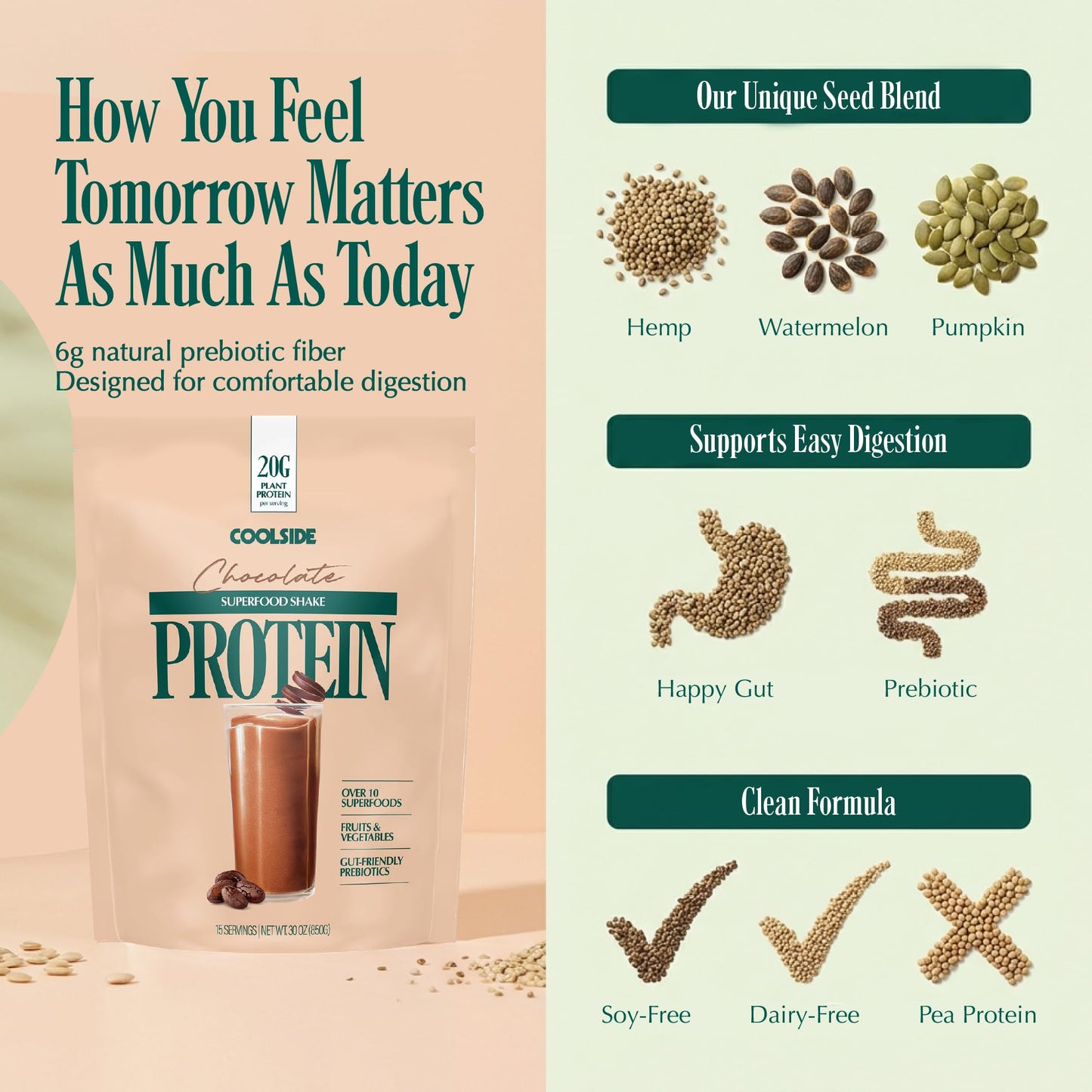 Coolside Clean Plant-Based Protein Powder with Probiotics, Chocolate, 30 Servings