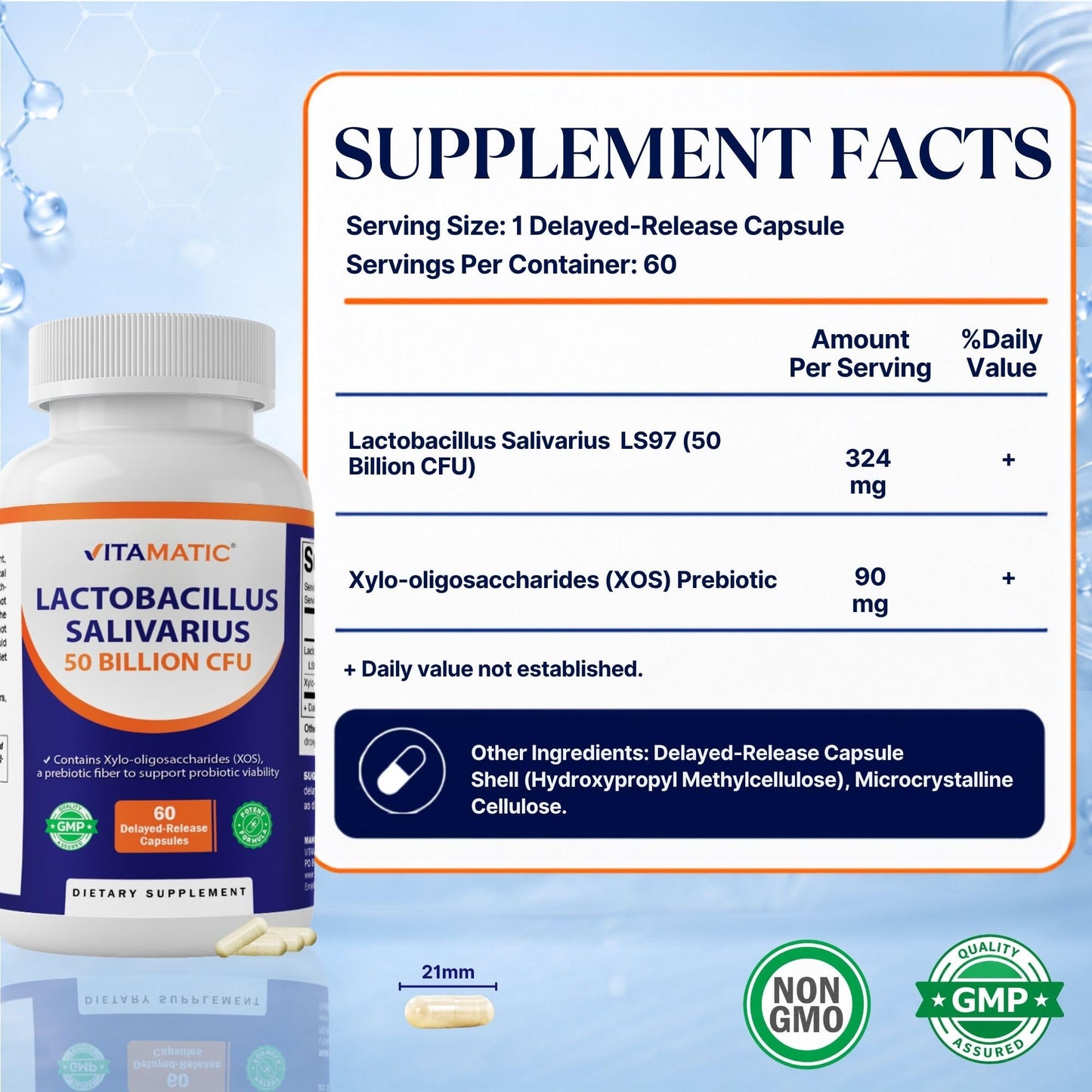 Vitamatic Lactobacillus Salivarius 50 Billion CFU with XOS Prebiotic, Delayed-Release Probiotic, Non-GMO, Gluten Free, 60 Capsules