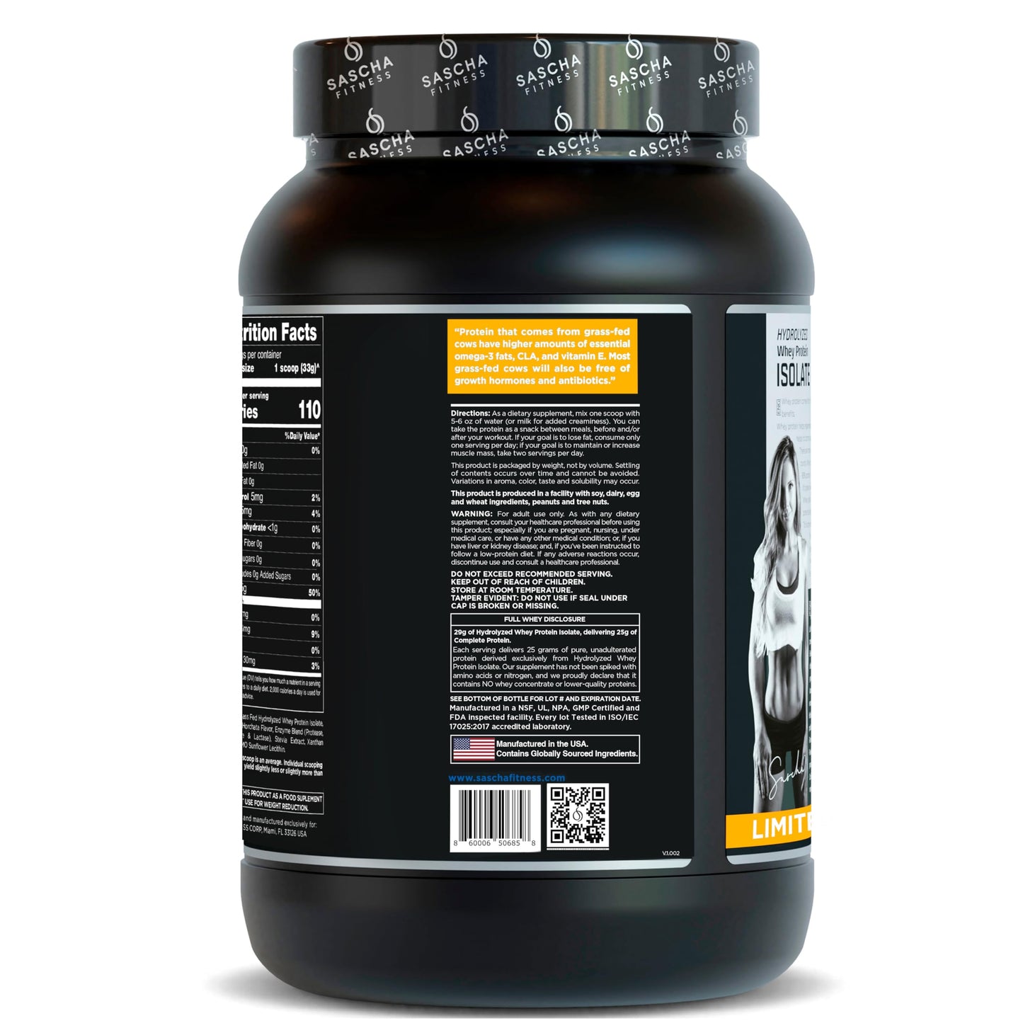 SASCHA FITNESS Hydrolyzed Whey Protein Isolate Powder, 100% Grass-Fed, Vanilla Horchata, 2 lb, 32 Servings