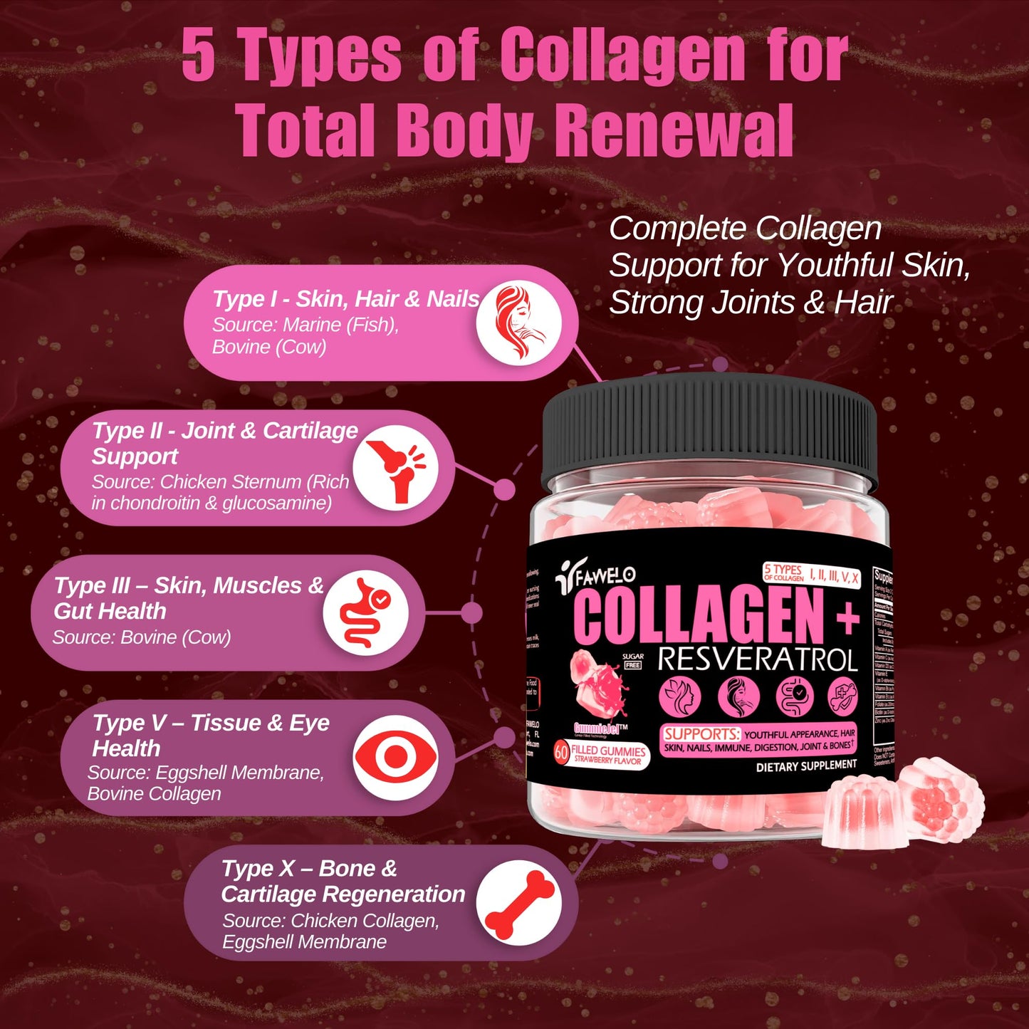 Fawelo Multi Collagen Gummies Hydrolyzed Type I, II, III, V, X plus Resveratrol 60 Count