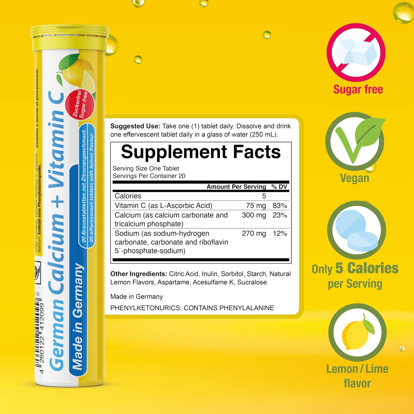 T&D German Calcium + Vitamin C Vegan Drink Effervescent Tablets, 40 Count