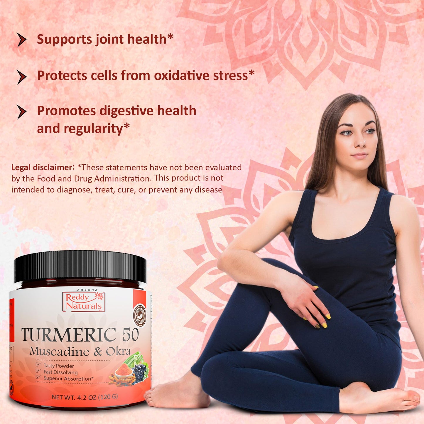 Reddy Naturals Aryana Turmeric 50 Organic Turmeric Supplement Powder with Muscadine Grape & Okra – Fast-Dissolving, Plant-Based Formula for Daily Wellness, 4.2 Ounce