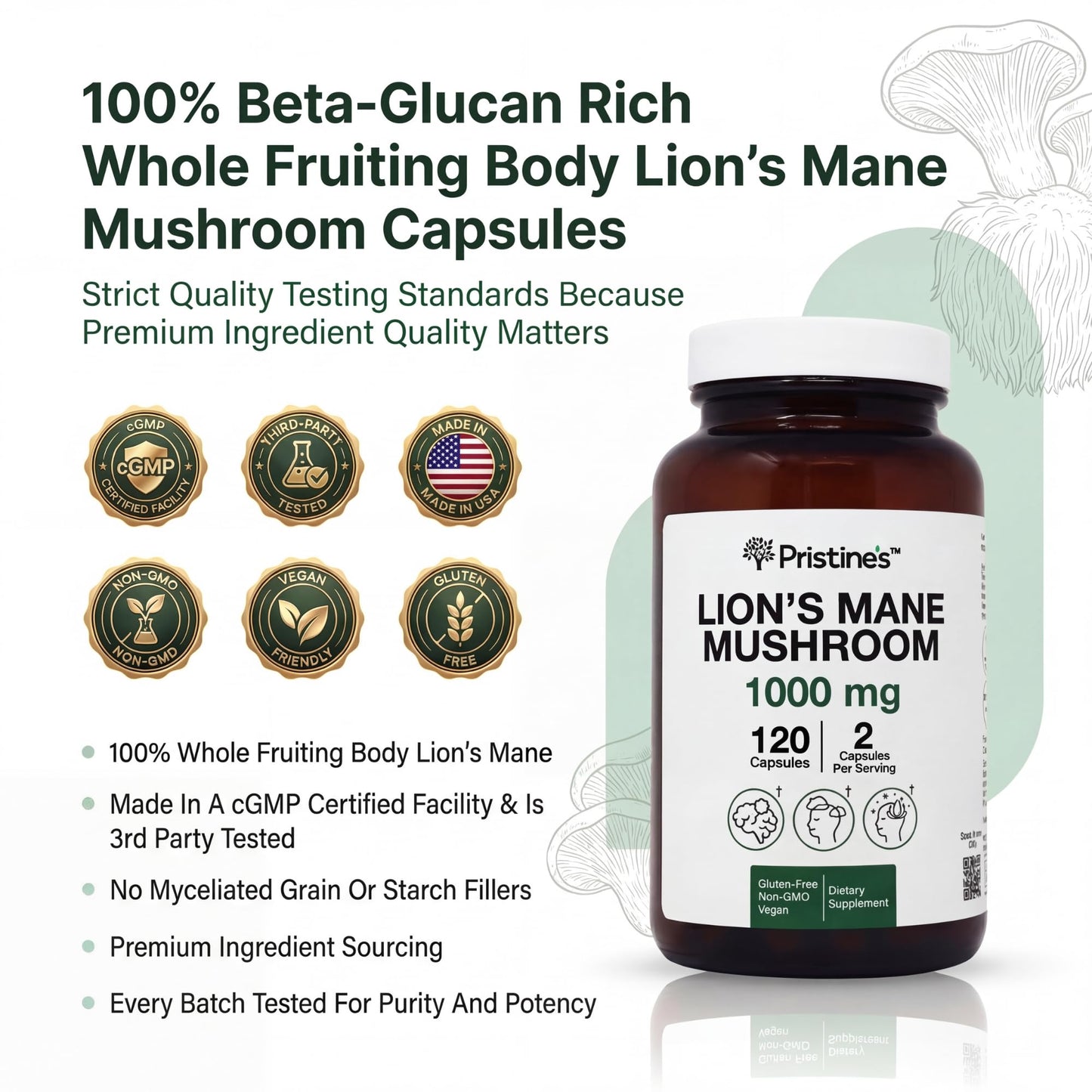 PRISTINE'S Lion's Mane Mushroom Supplement Capsules 120 Count