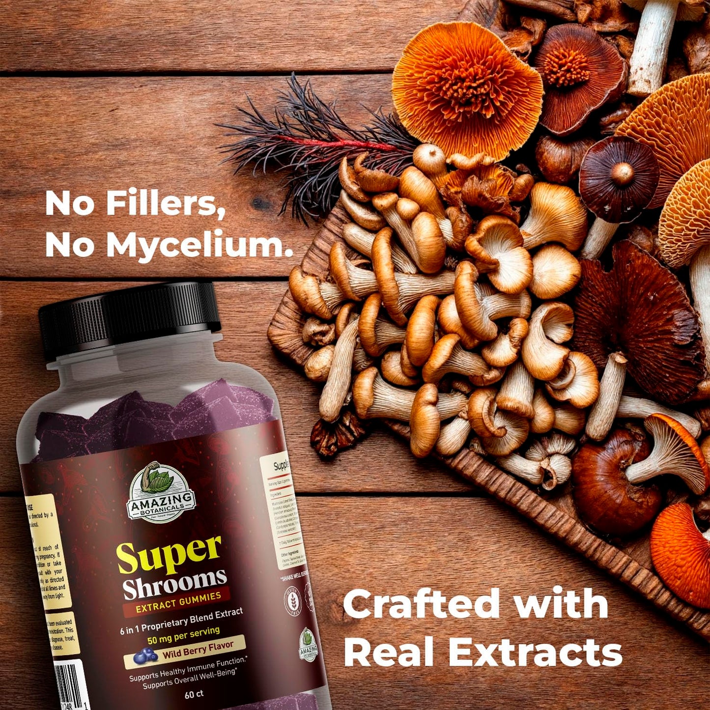 Amazing Botanicals Super Shrooms 6 in 1 Organic Mushroom Wellness Gummies, 60 Count