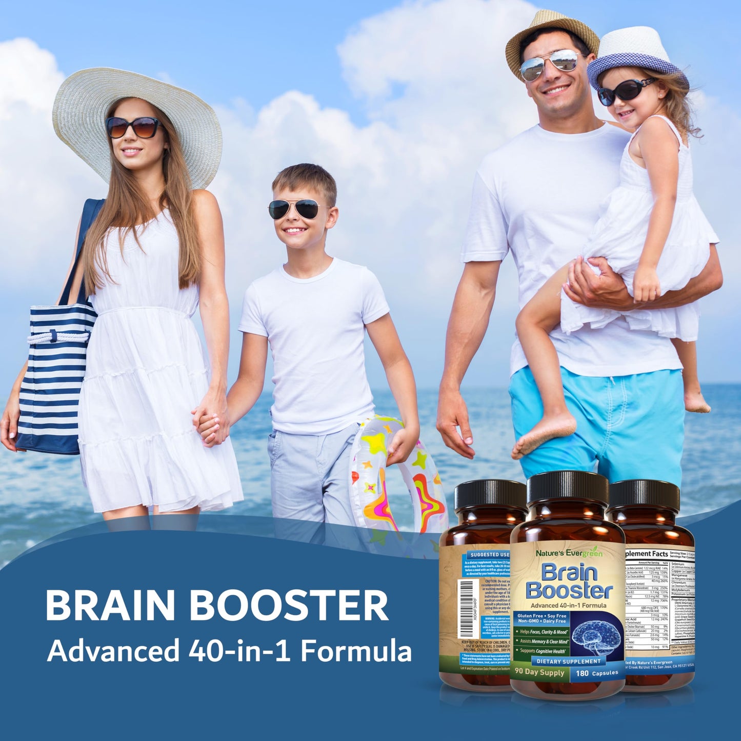 Nature's Evergreen Brain Booster 40-in-1 Formula Nootropic Supplement Capsules, 180 Capsules