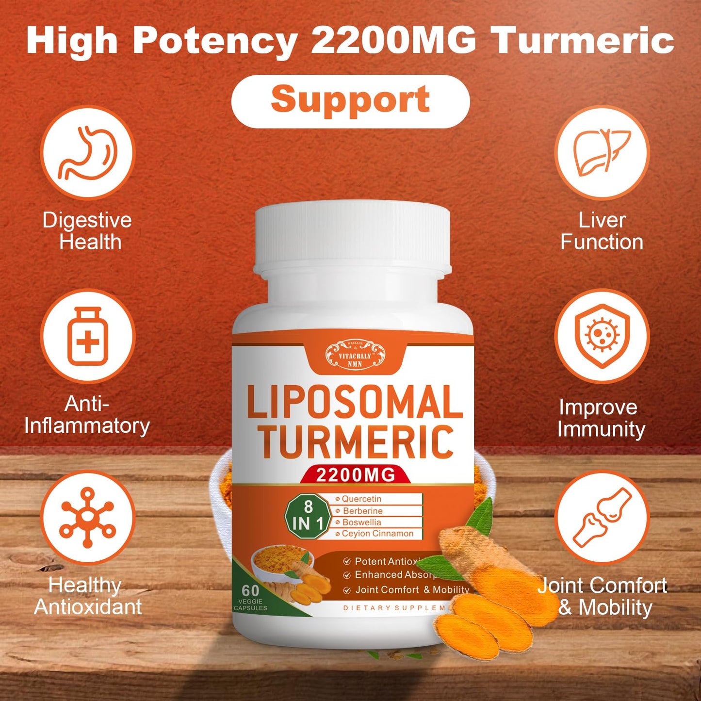 VITACRLLYNMN Liposomal Turmeric Curcumin Supplement 2200mg 95% Curcumin Extract for Joint Support Capsules, 120 Count