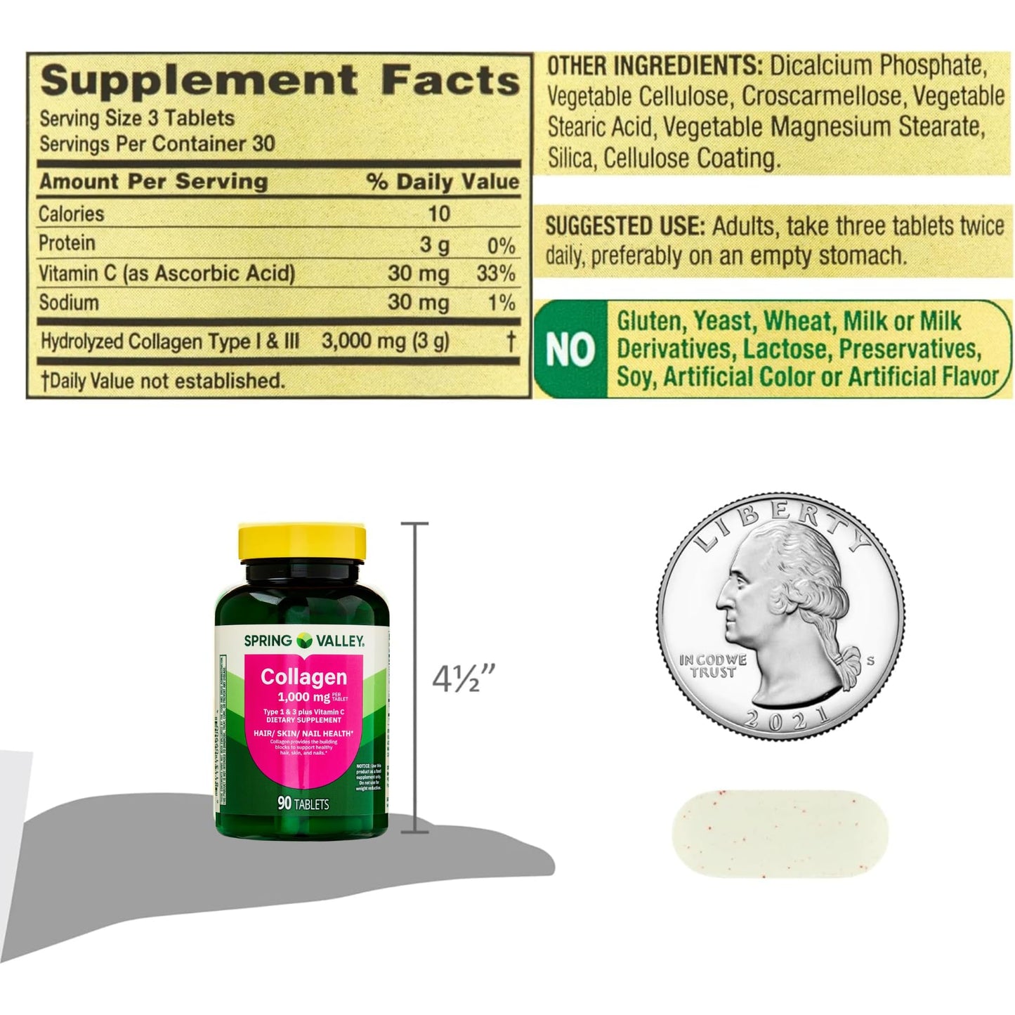 Ravazzi Collagen Type 1 & 3 Plus Vitamin C Hair Skin Nails Health Dietary Supplement Tablets, 90 Count