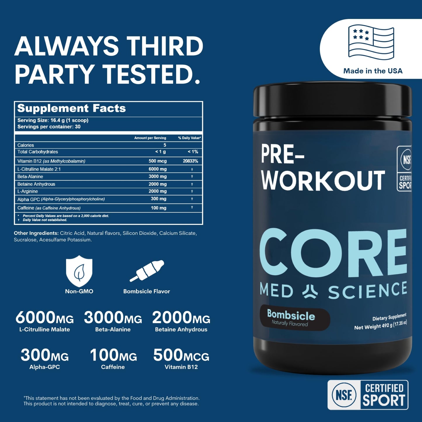 Core Med Science Pre Workout Powder for Men & Women, Bombsicle, 17.35