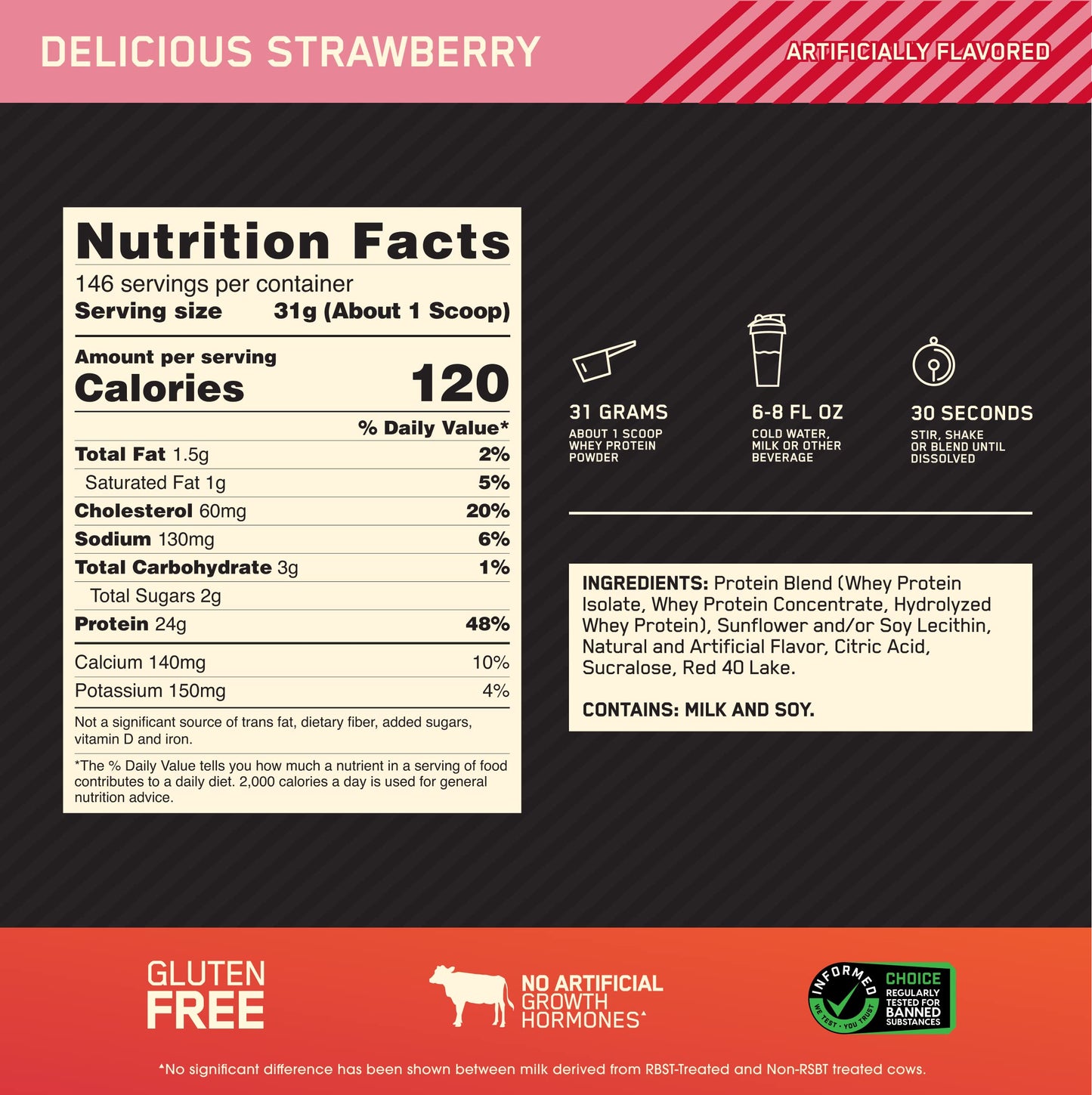 Optimum Nutrition Gold Standard 100% Whey Protein Powder, Delicious Strawberry, 160 Servings