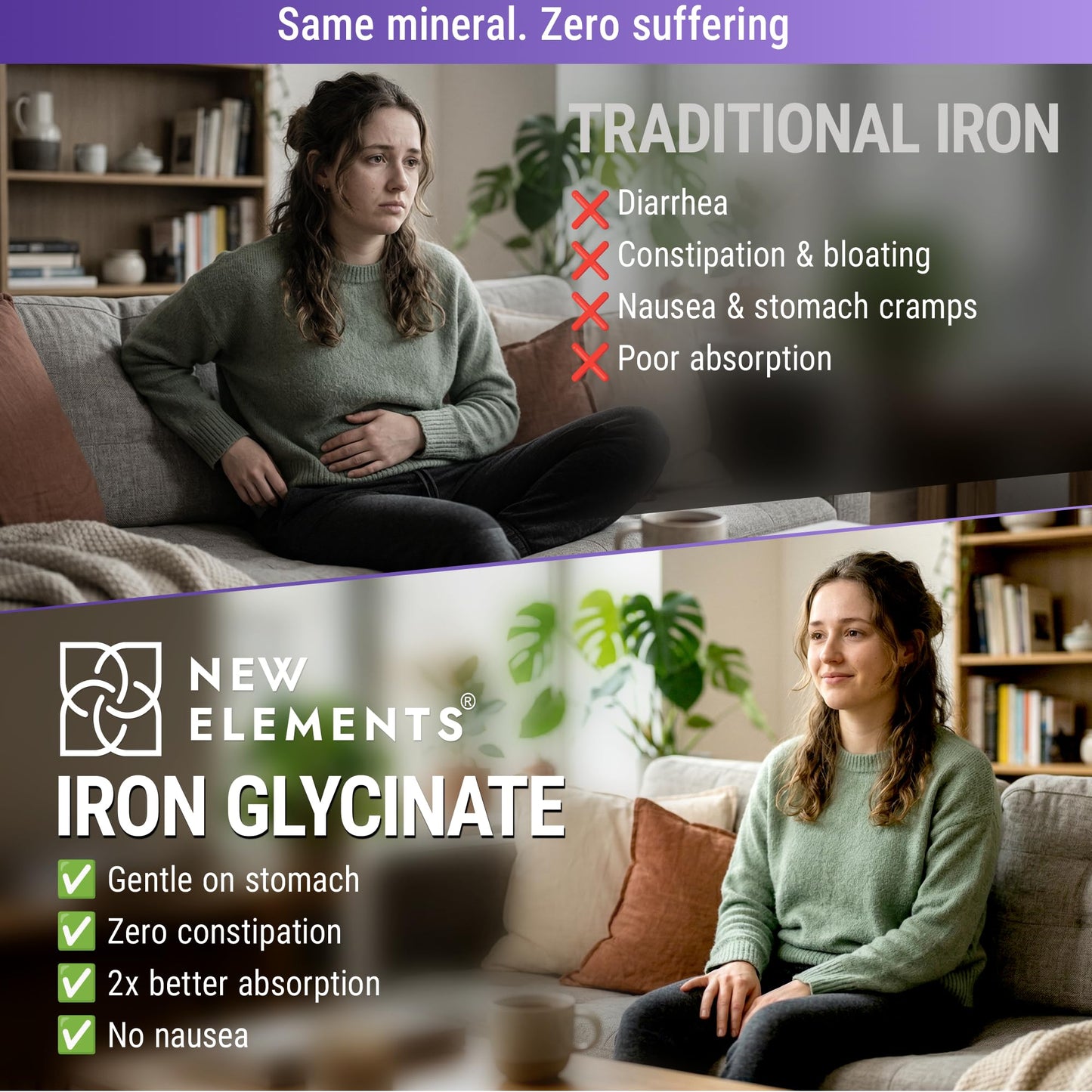 New Elements Iron Glycinate 50mg + Vitamin C, Folic Acid 1000mcg, Vitamin B12 Softgels, 60 Count