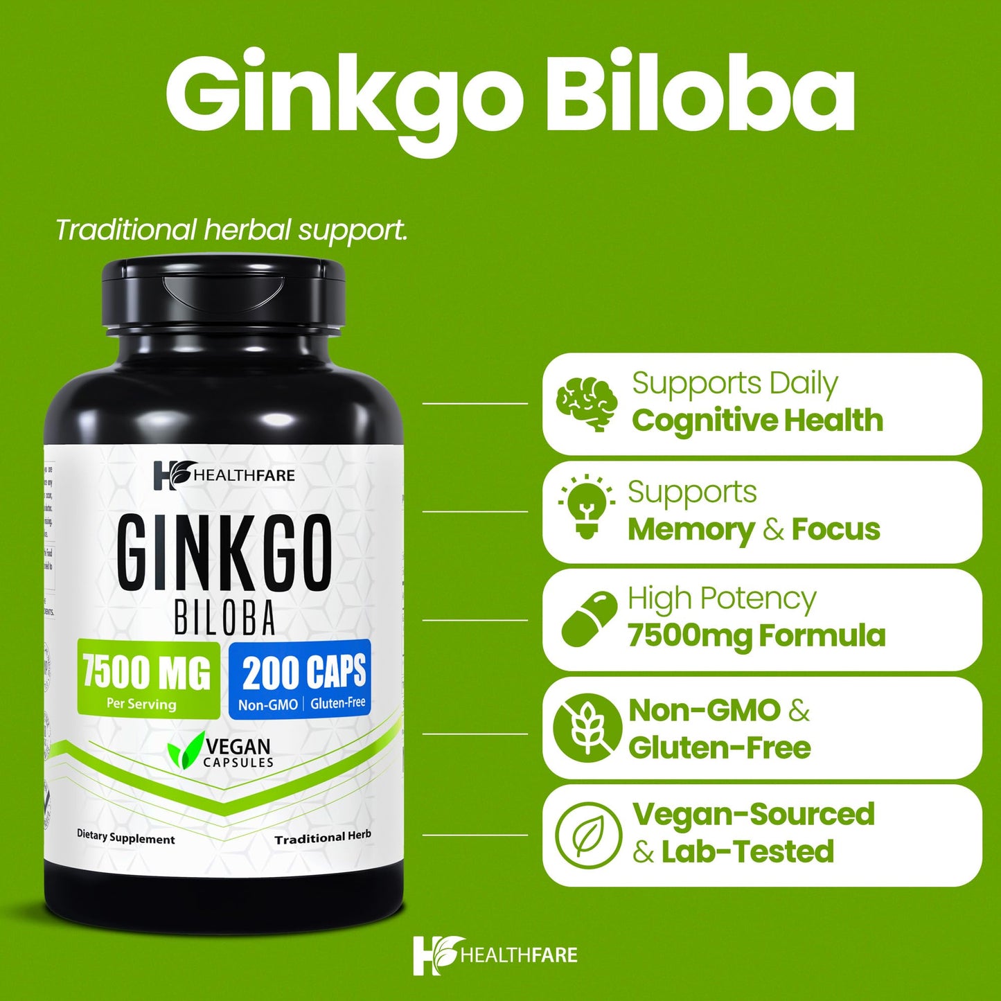 Healthfare Ginkgo Biloba Extract Capsules 200 Count