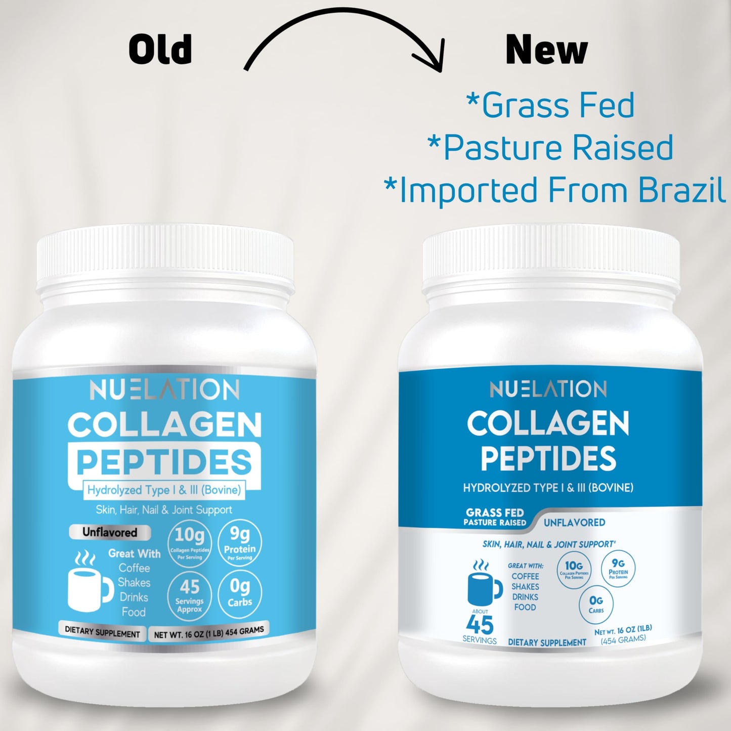 NUELATION Grass Fed Collagen Peptides Powder, Hydrolyzed Bovine Collagen, 1 lb