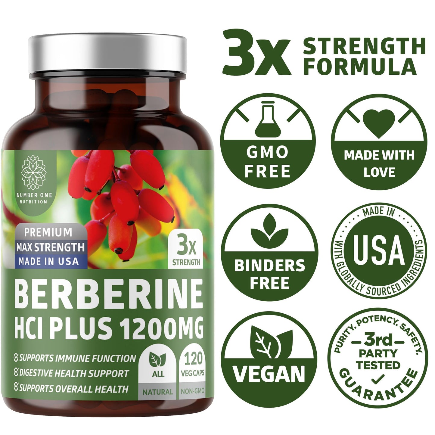 Number One Nutrition Berberine HCl Supplement 1200mg Pure Berberis Aristata Capsules, 120 Count
