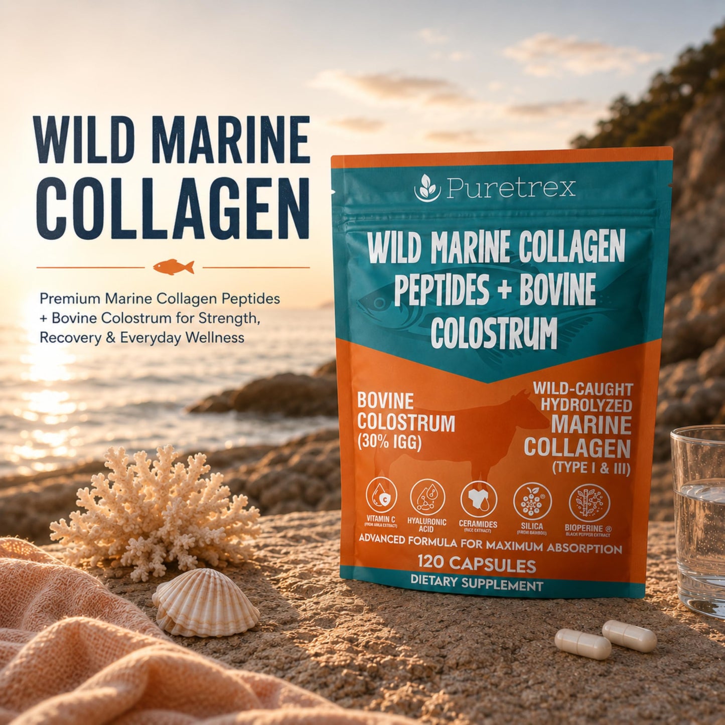 PURETREX Wild Marine Collagen Peptides with Bovine Colostrum Capsule, 1 Count