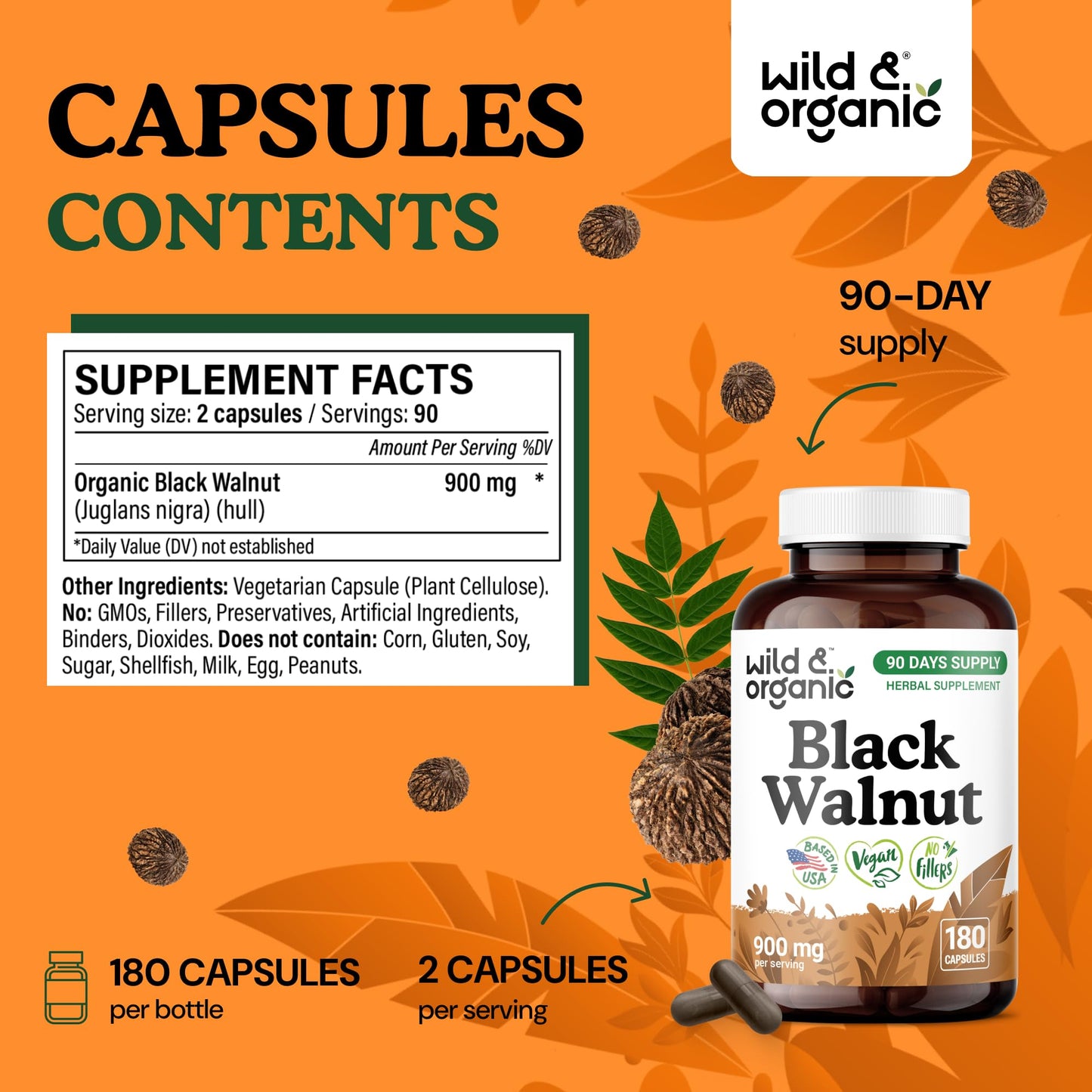 Wild & Organic Black Walnut Hull 900 mg, 180 Capsules