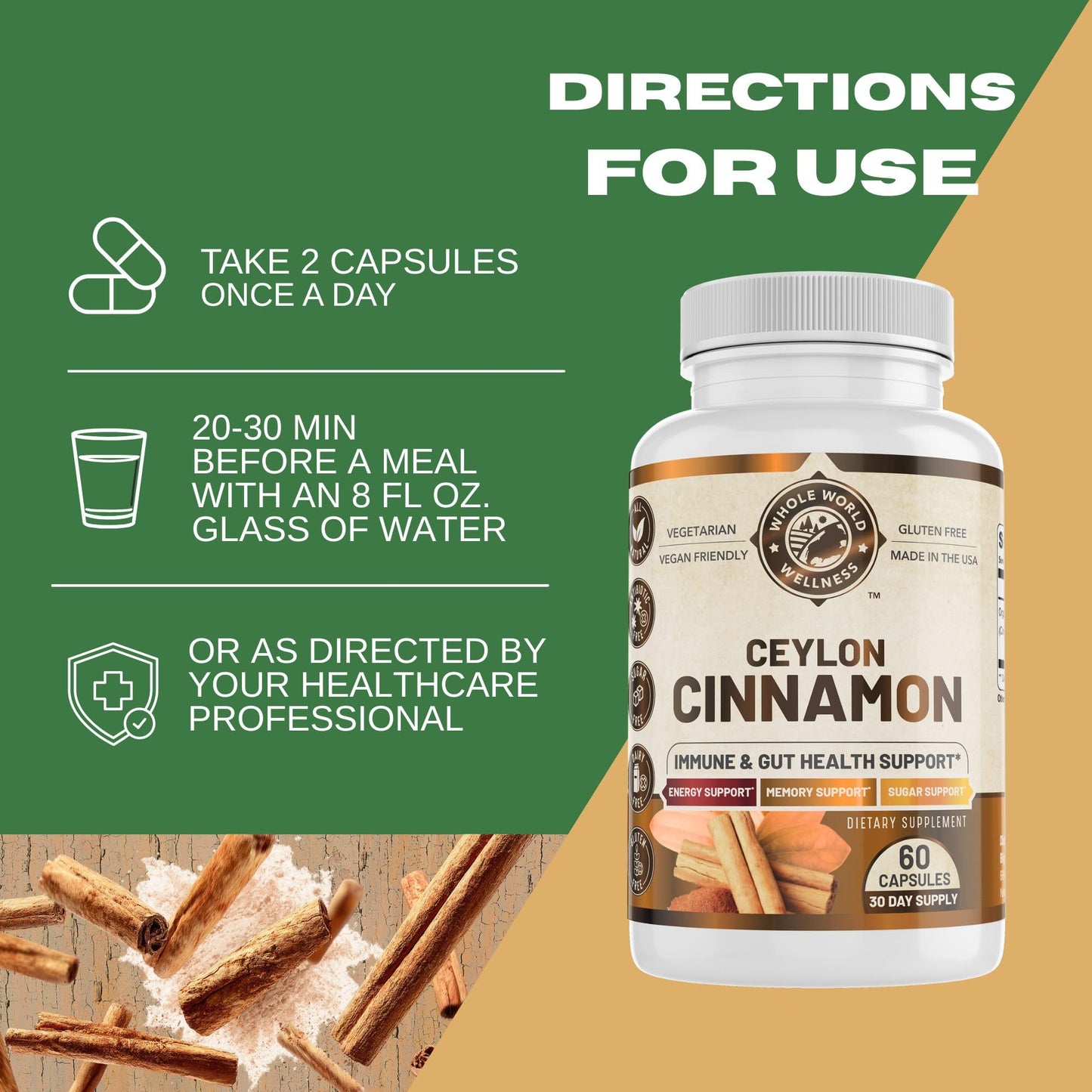 WHOLE WORLD WELLNESS Organic Ceylon Cinnamon Capsules, 60 Capsules