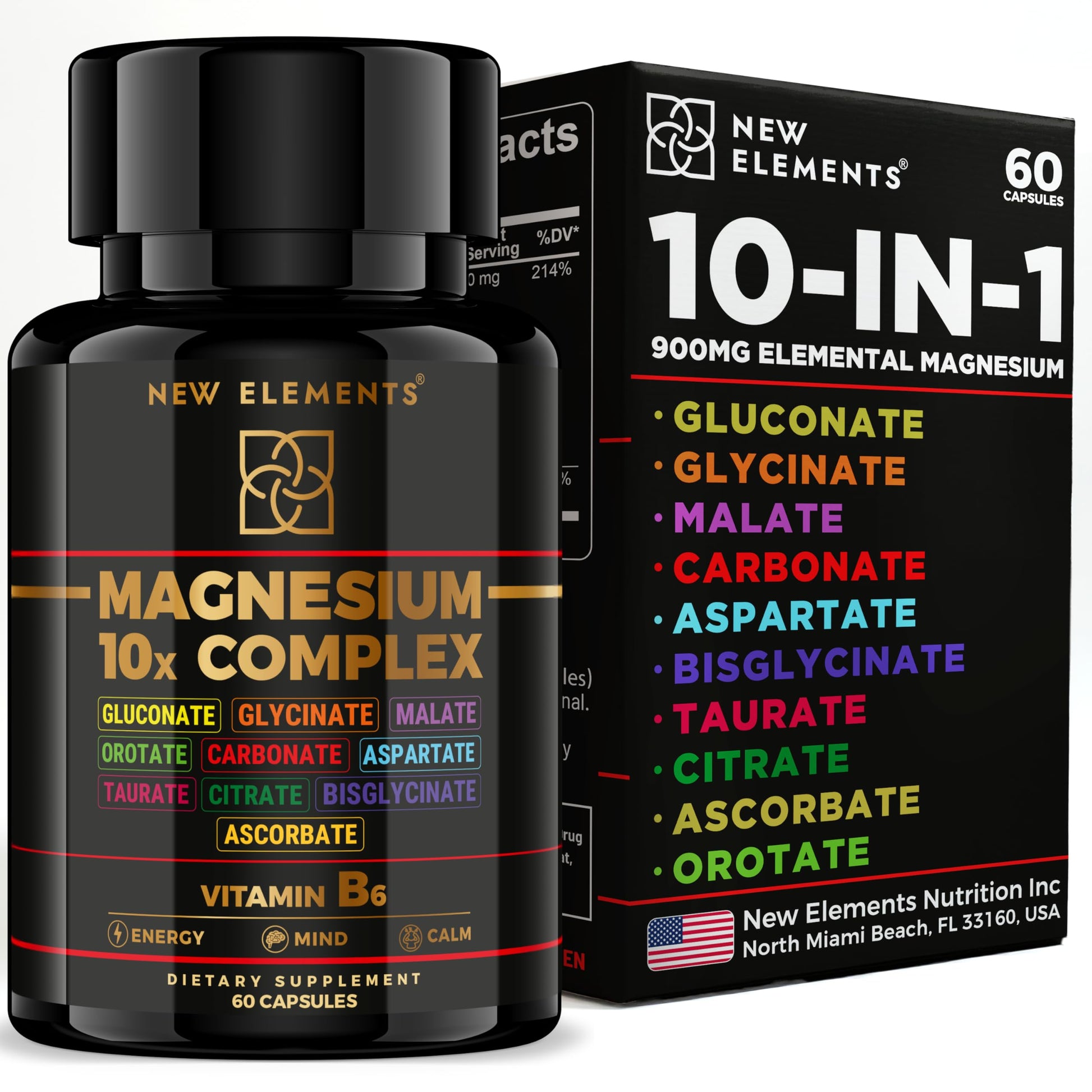 New Elements Magnesium 10X Complex – 900mg Elemental Magnesium Capsule, 60 Count