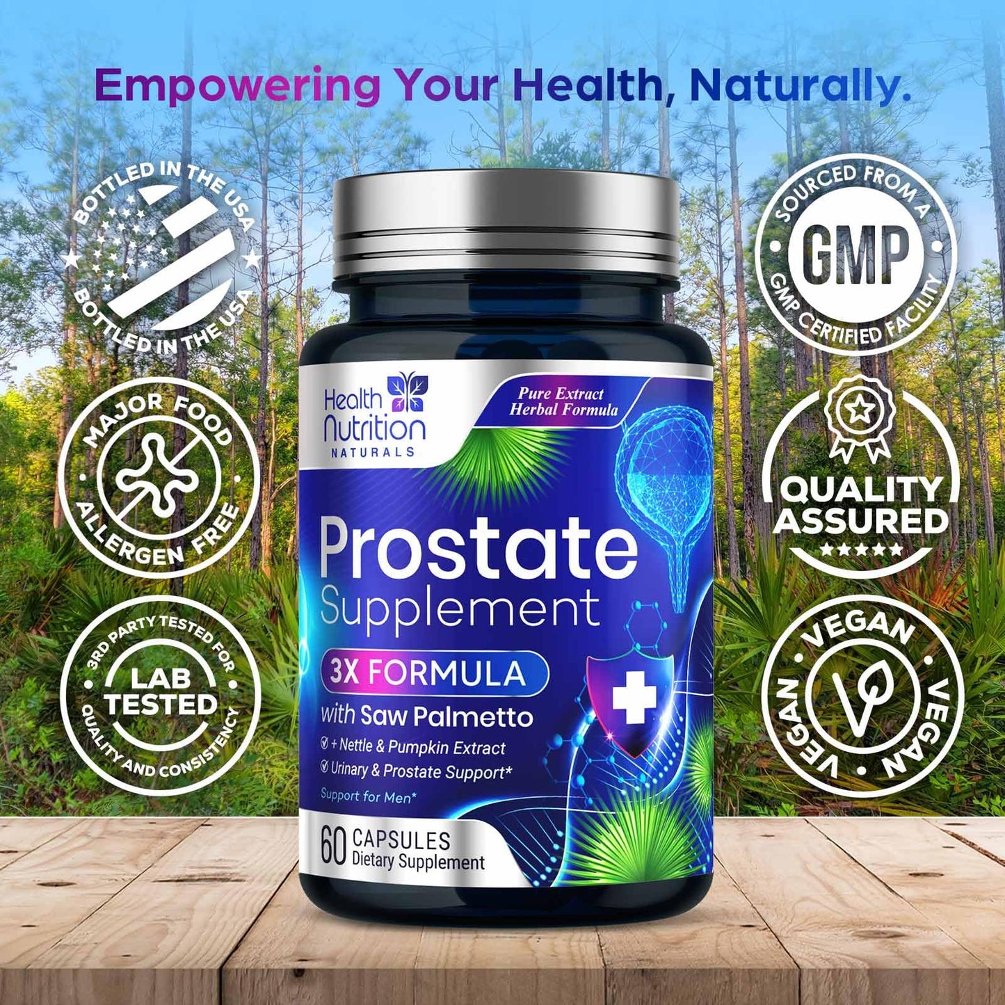 Health Nutrition Naturals Prostate Health Supplements for Men 3X Strength Saw Palmetto Blend, 60 Capsules