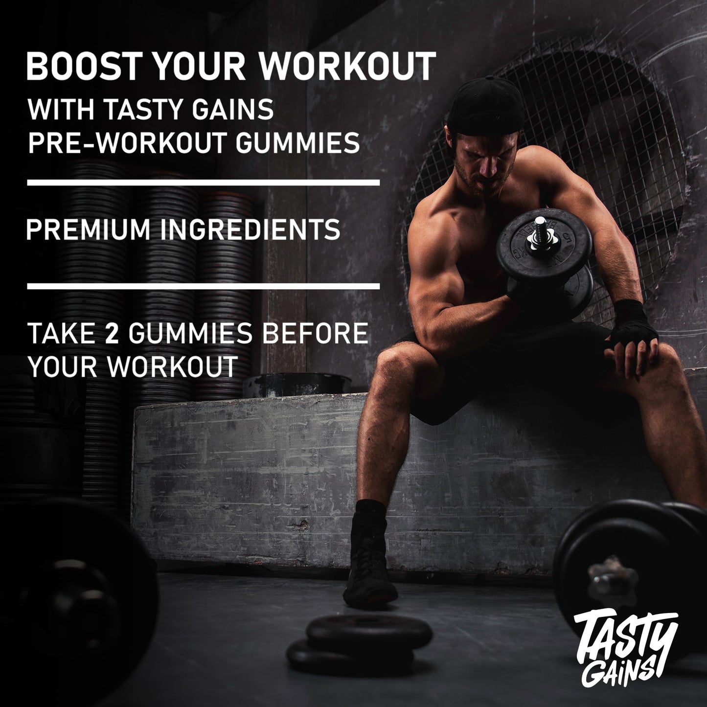 TASTY GAINS Pre-Workout Gummies – Energy & Focus Boost, 200mg Caffeine, Fat-Burning Preworkout for Strength & Endurance, 60 Gummies
