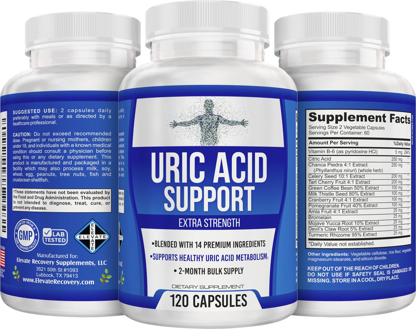 Elevate Recovery Supplements Uric Acid Support (14-in-1) Supplement Capsule, 120 Count