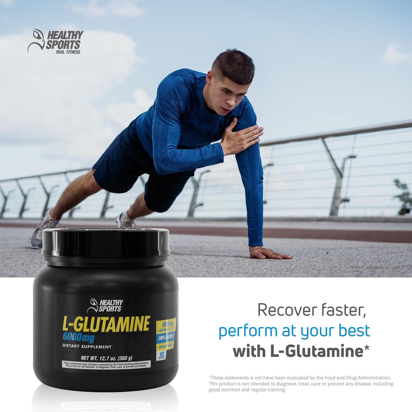 HEALTHY SPORTS L-Glutamine Powder 6000mg Recovery Gut Health 60 Servings, 1 Ounce, 1 Pack