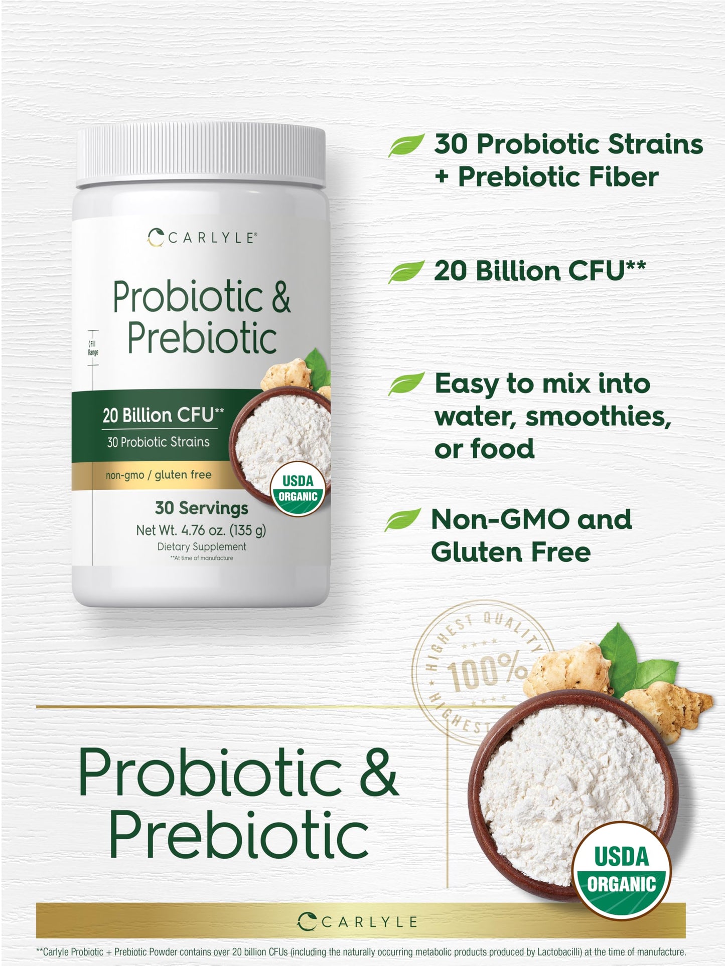 Carlyle Probiotic and Prebiotic Powder 4.76 oz