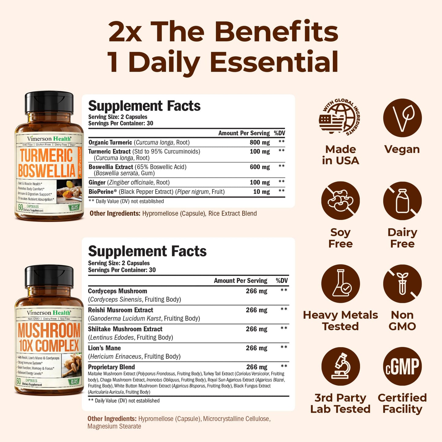 Vimerson Health Boswellia Turmeric Curcumin Supplement + 10-in-1 Mushroom Powder Bundle 120 Capsules