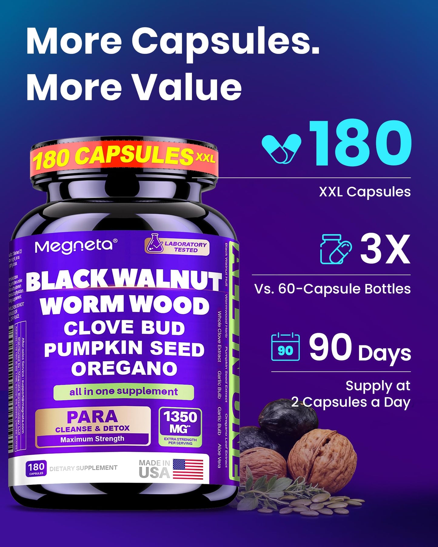 MEGNETA Wormwood Black Walnut Clove Cleanse, 180 Capsules