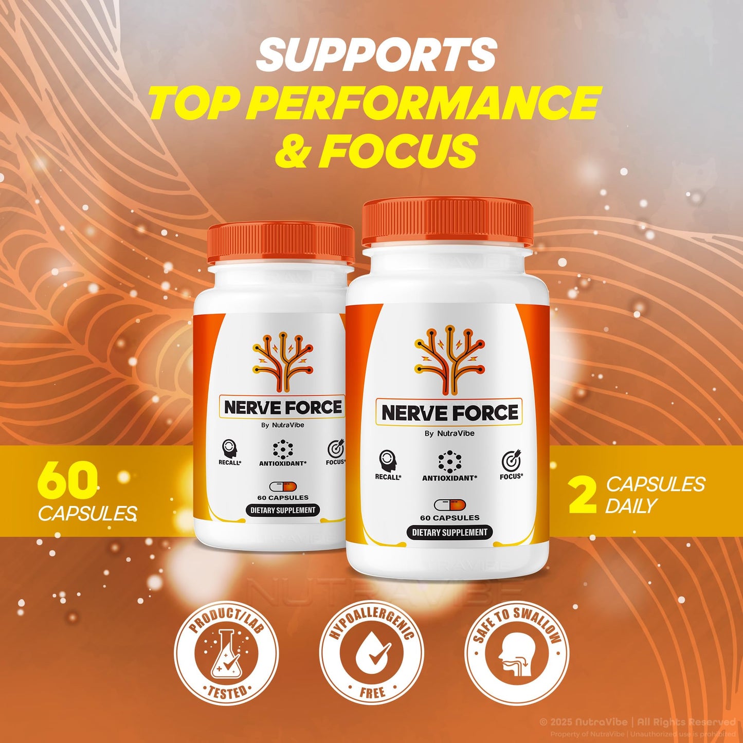 NutraVibe Nerve Force – Premium Neuropathy Blend for Brain, Nerves & Concentration | NerveForce Capsules for Memory, Focus & Clarity | Easy-to-Take for Daily Support, 180 Capsules